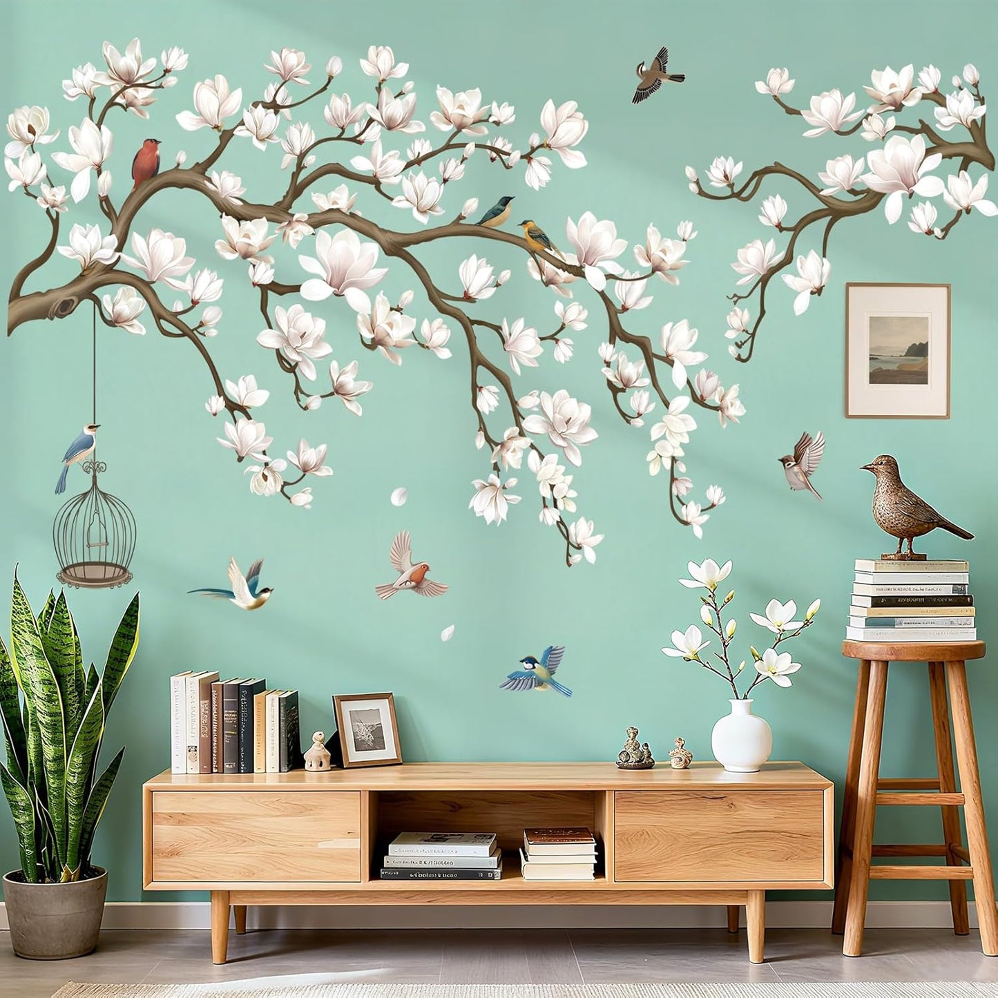 Magnolia Flowers Tree Branch Wall Stickers Floral Birds Peel and Stick Wall Art Decals / White