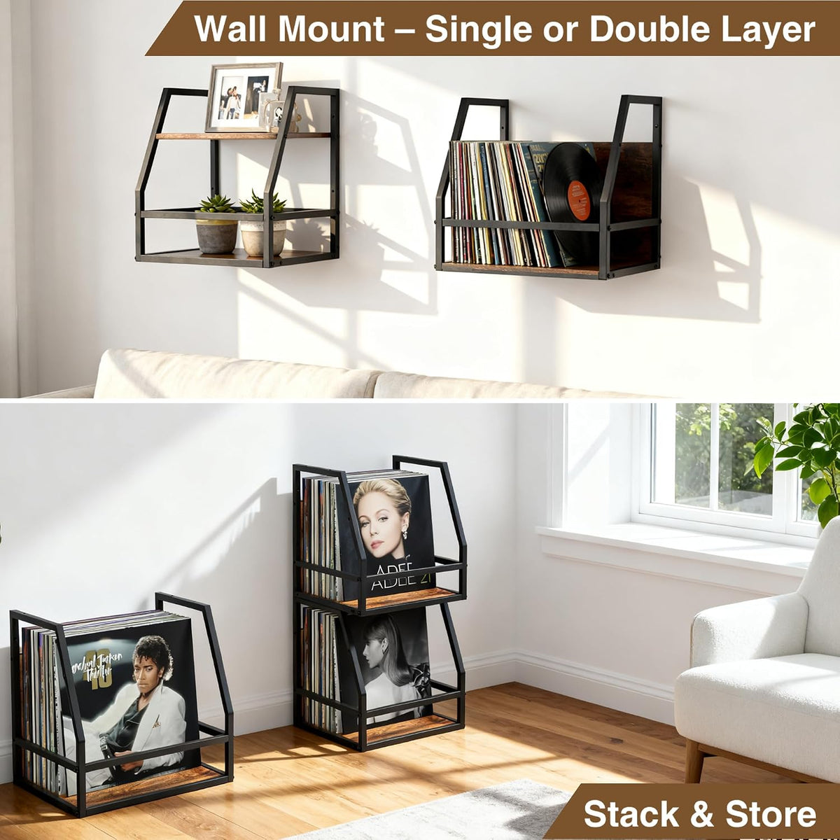 Y&M 2 In 1 Vinyl Record Storage Crate, 1PC Wood LP Holder, Wall Mount or Desktop Metal Album Organizer, Holds 80+