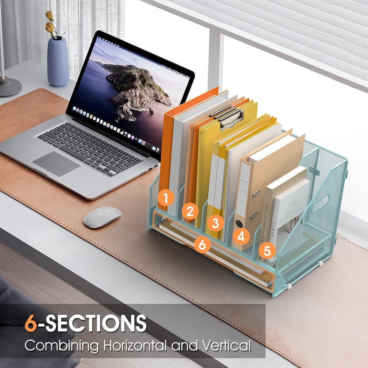 5 Vertical Mesh Desk Organizer with Paper Letter Tray, Blue | Sorting racks with lower letter tray section.