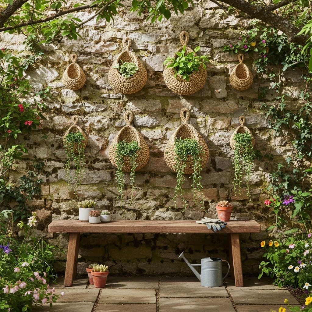 Natural Cotton Rope Hanging Basket Hand Woven Wall Mounted Hung Fruit / 6 Sizes Brown / Set of 6