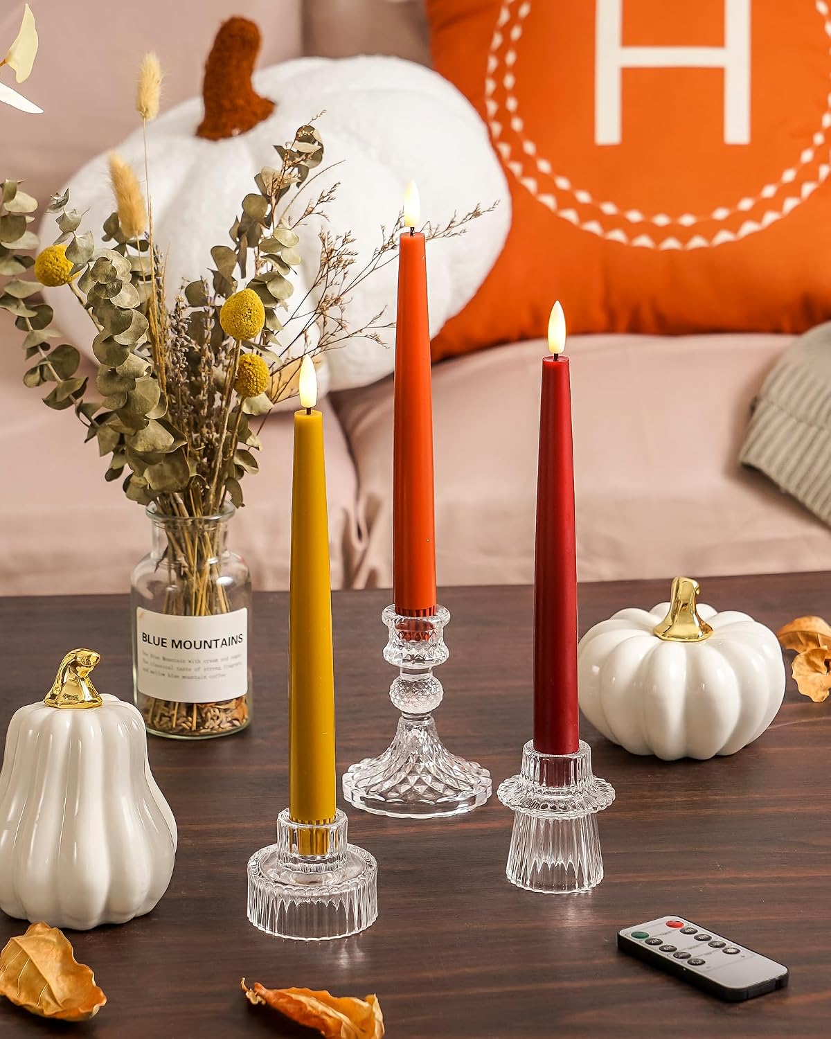 Stmarry Fall Flameless Taper Candles with Remote and Timer, 9.65 Inch Real Wax LED Candlesticks, Battery Operated