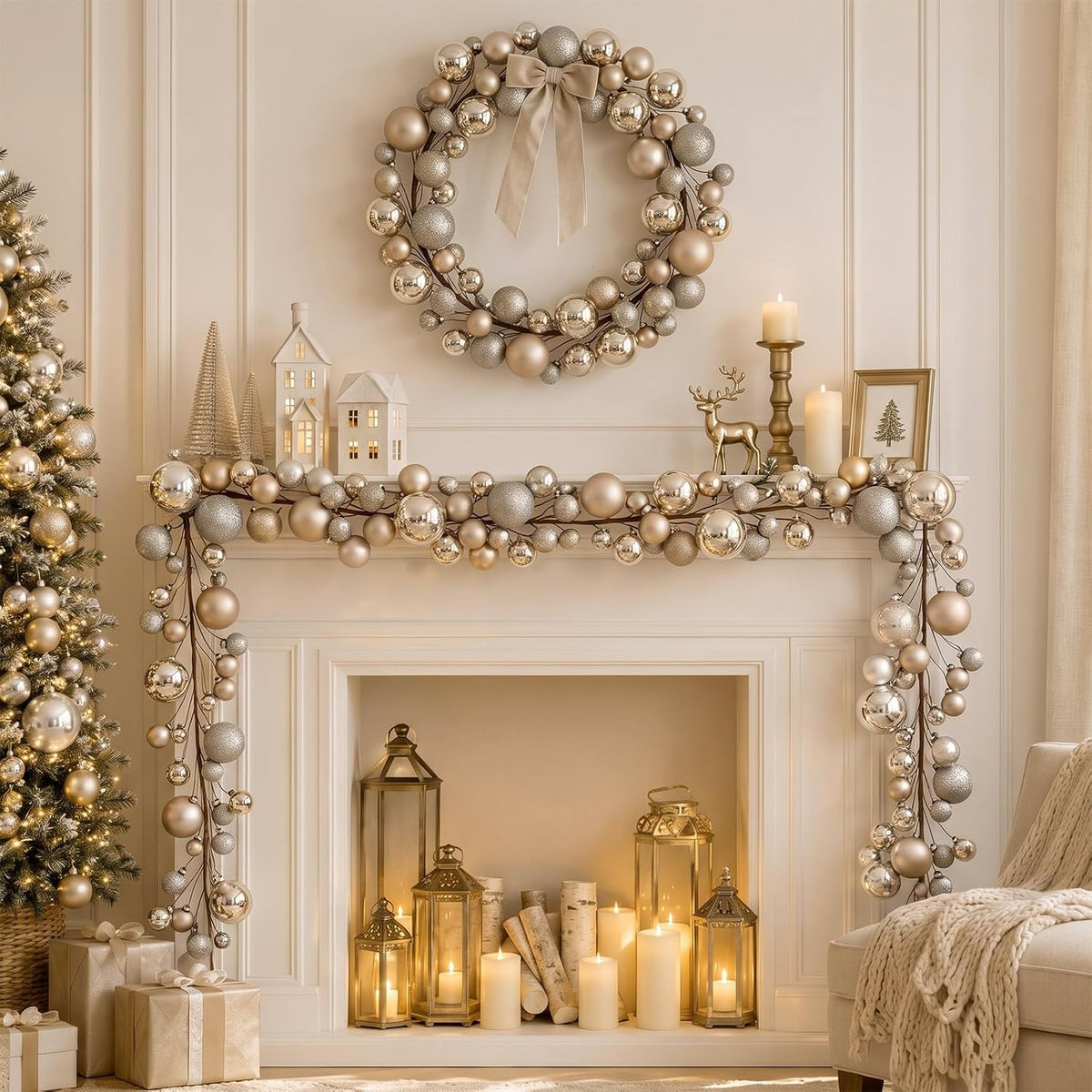 2 Pcs 9 ft Christmas Ball Ornament Garland, Champagne Gold | Bauble Bulb Christmas Tree Ball Decoration Shatterproof
