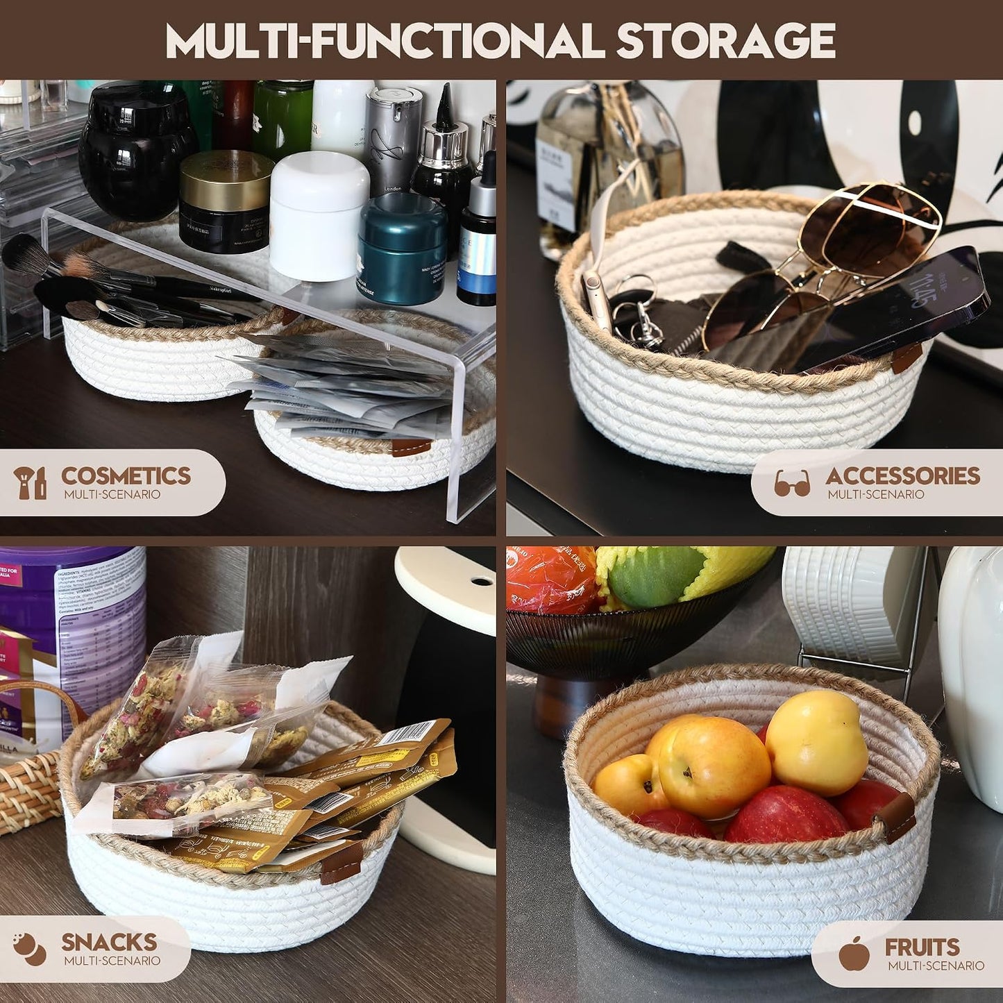 Small Cotton Rope Storage Basket Set / White & Jute / Set of 3