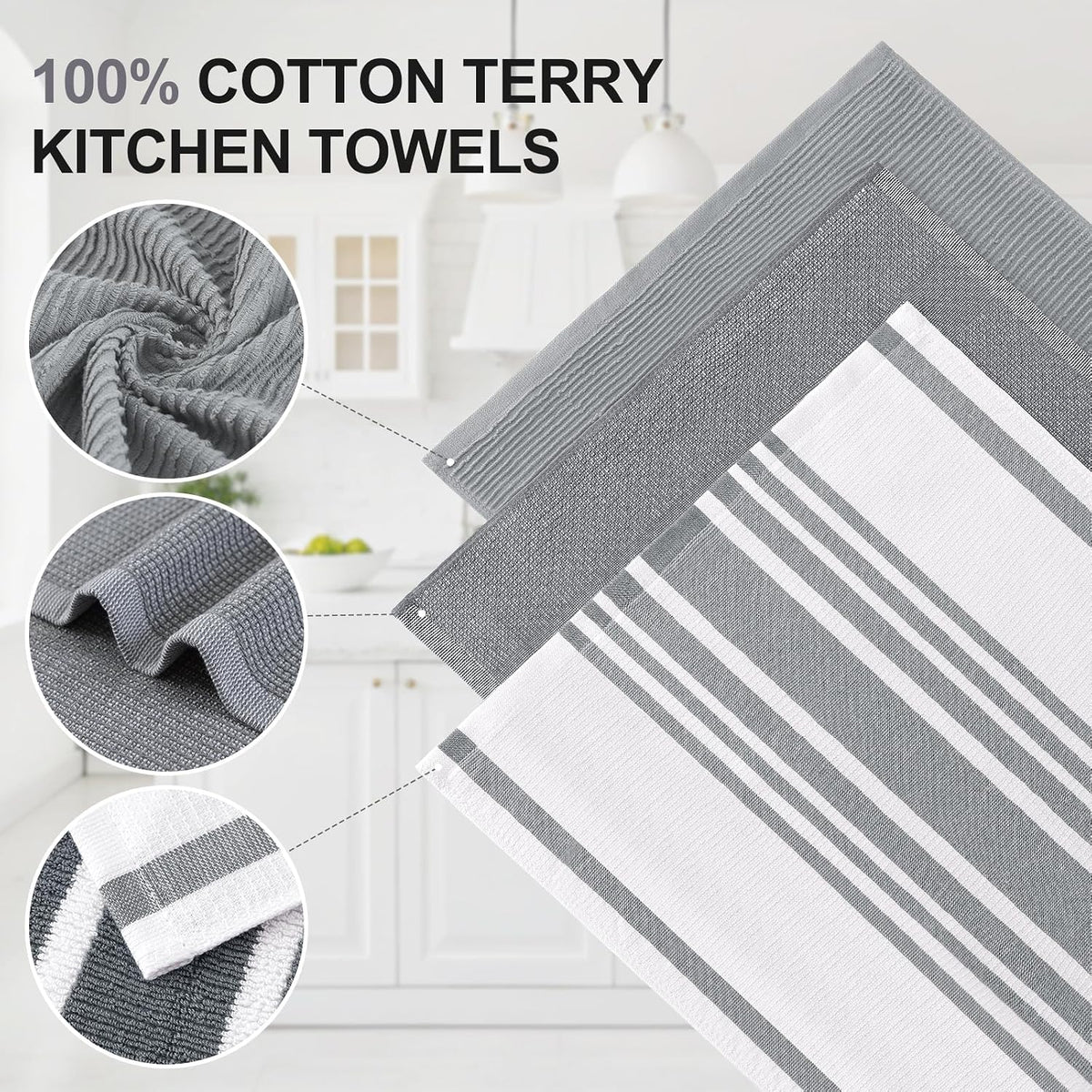 Homaxy Cotton 380 GSM Premium Kitchen Towels, 18"x 28", 12 Pack, Grey | Soft and Absorbent Terry Dish Towels
