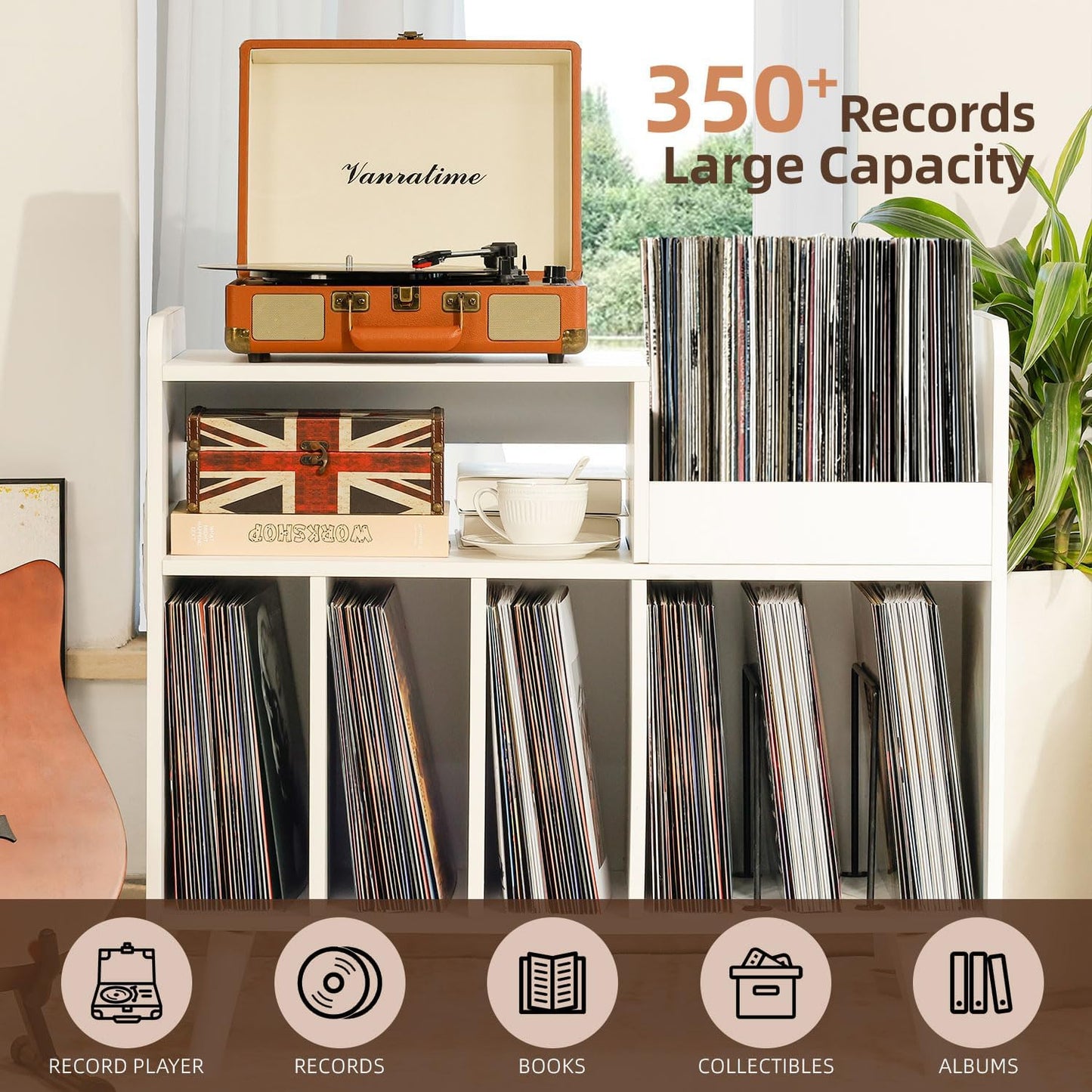 Record Player Stand, Large Record Player Table Cabinet (White) | Record Player Stand with Open Vinyl Storage&Display