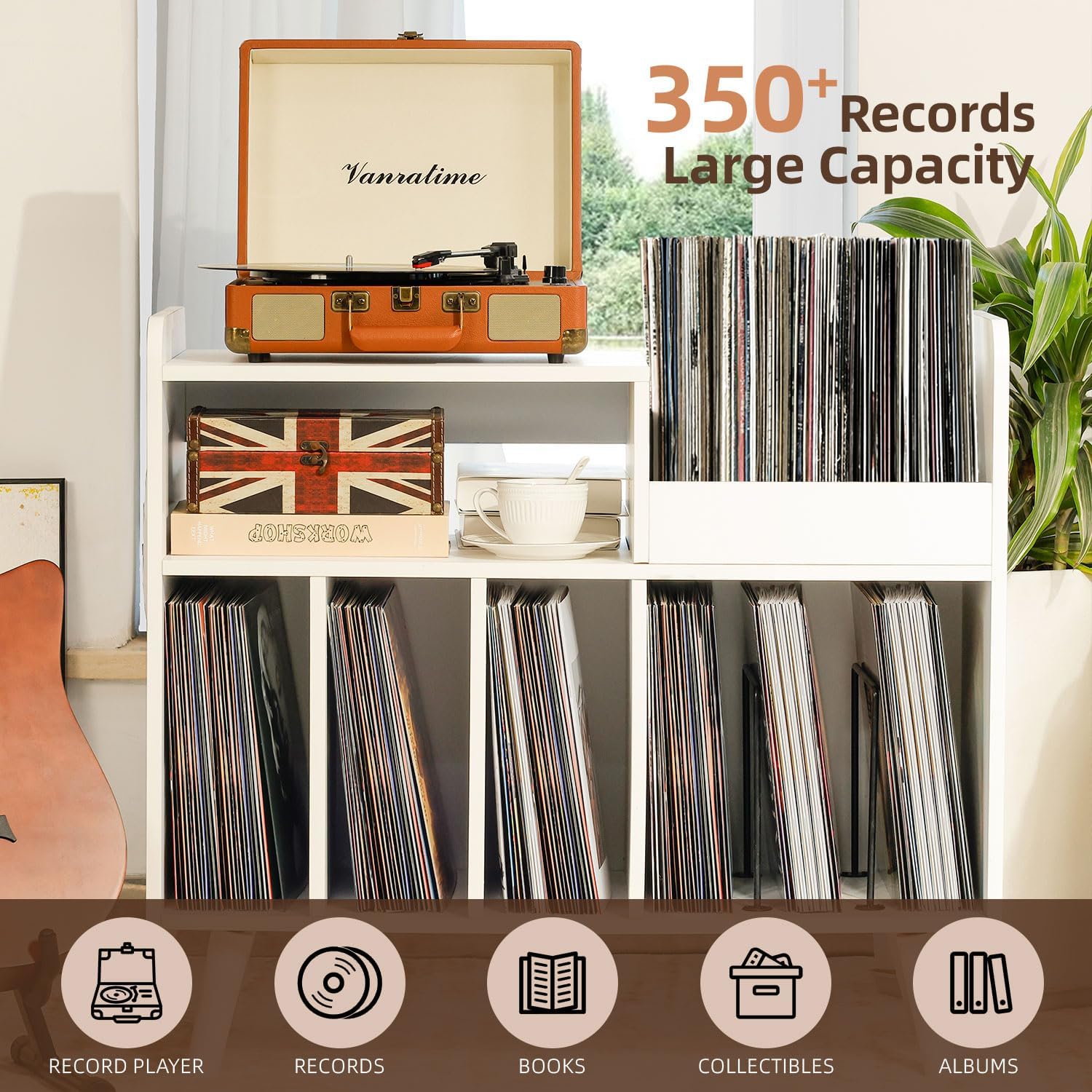 Record Player Stand, Large Record Player Table Cabinet (White) | Record Player Stand with Open Vinyl Storage&Display