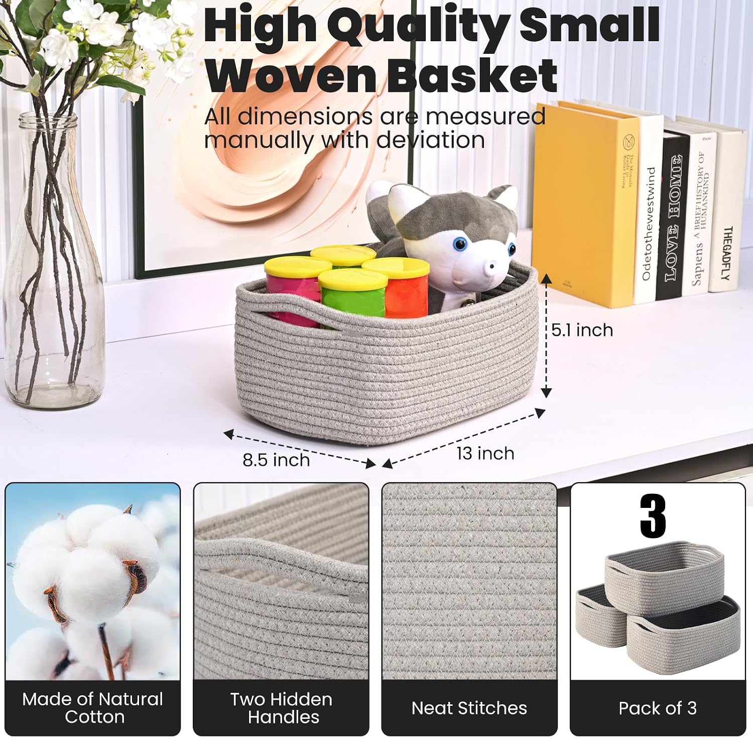 Woven Baskets for Storage / 13 x 8.5 x 5.1 / Grey