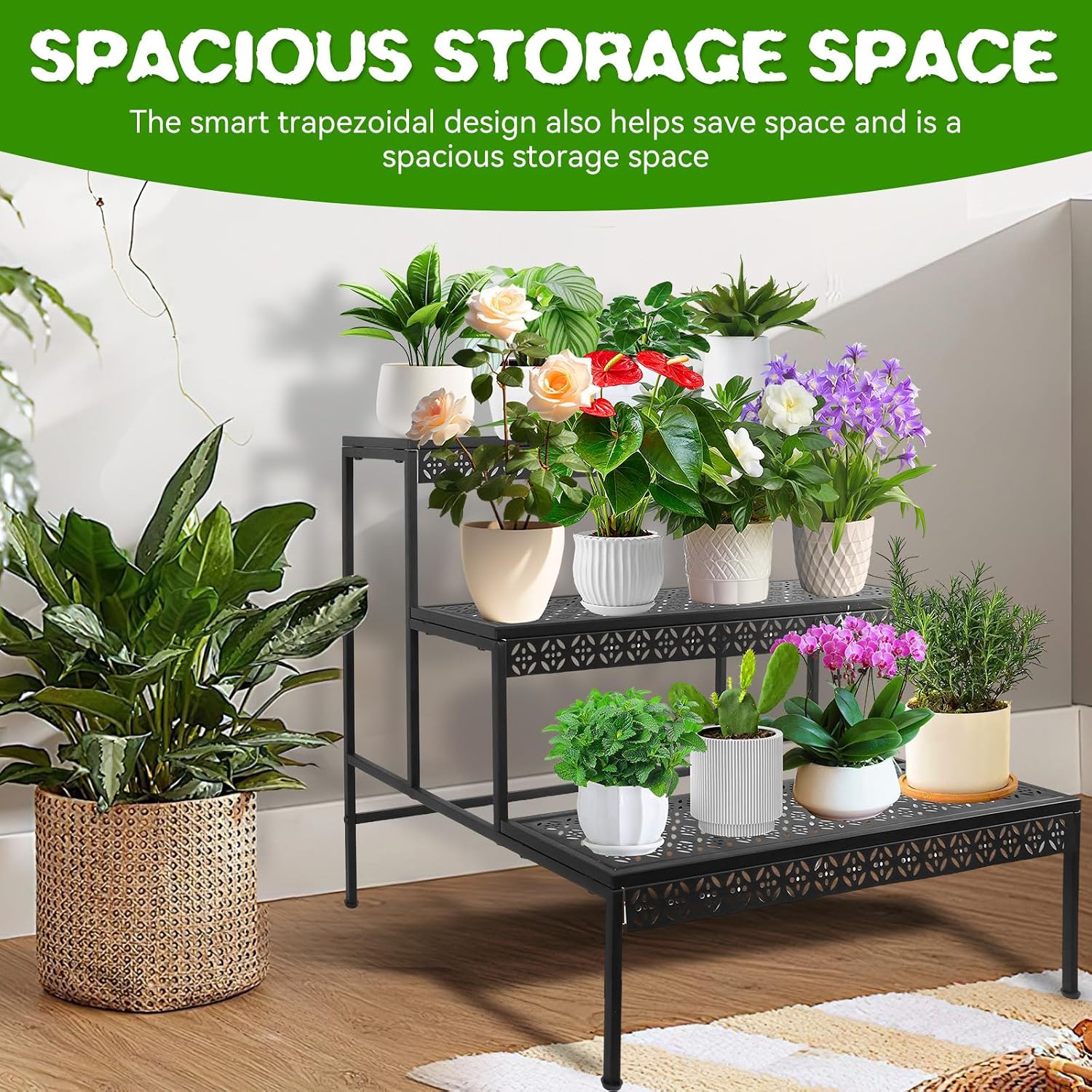 3 Tier Metal Plant Stand, Ladder Flower Pot Holder Plant Stands | Sturdy Tiered Plant Stand with Decorative Pattern