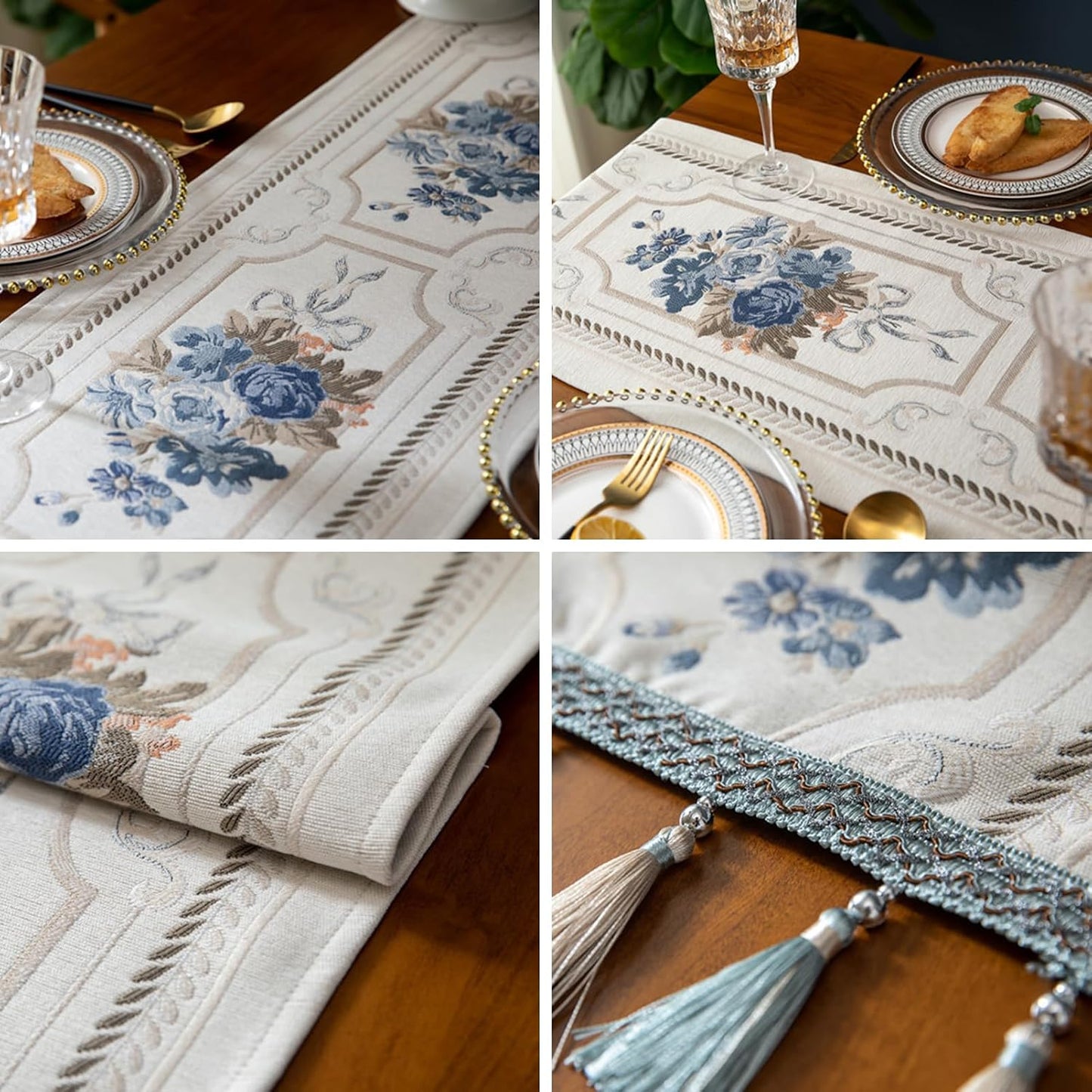 Embroidery Luxury Table Runner, Long White Dining Table Runner, Elegant Jacquard Dresser Scarf with Multi-Tassels for