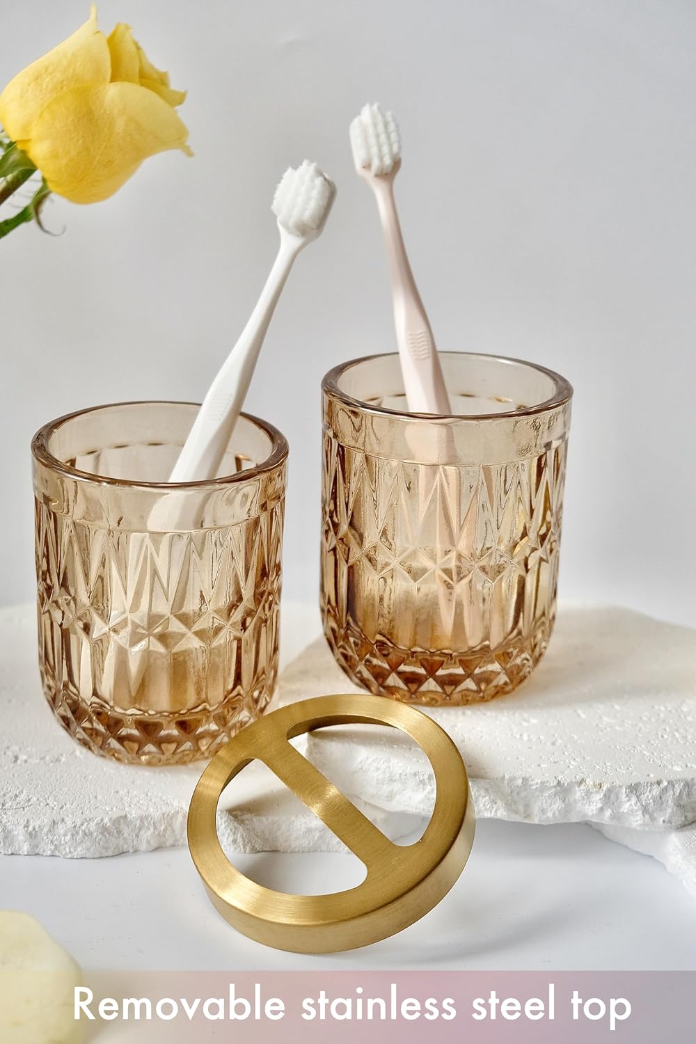 LaMarriti Brown Bathroom Accessories Set, 5Pcs Glass Bathroom Set, Soap Dispenser and Toothbrush Holder Set, Soap Dish