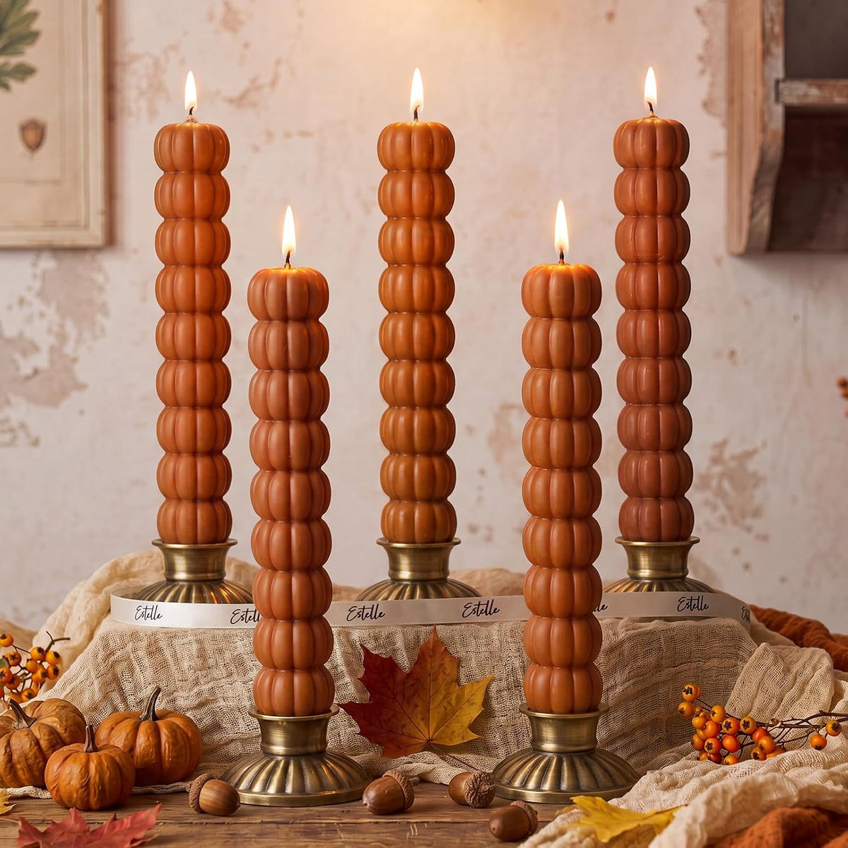 Conelist 5 Pcs Pumpkin Taper Candles Autumn Halloween Gifts, Warm Brown