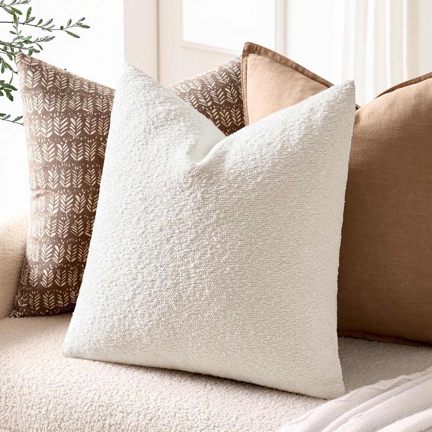 Textured Boucle Throw Pillow Covers Soft Accent Solid Cushion Cases / White / 20 x 20 / Set of 2