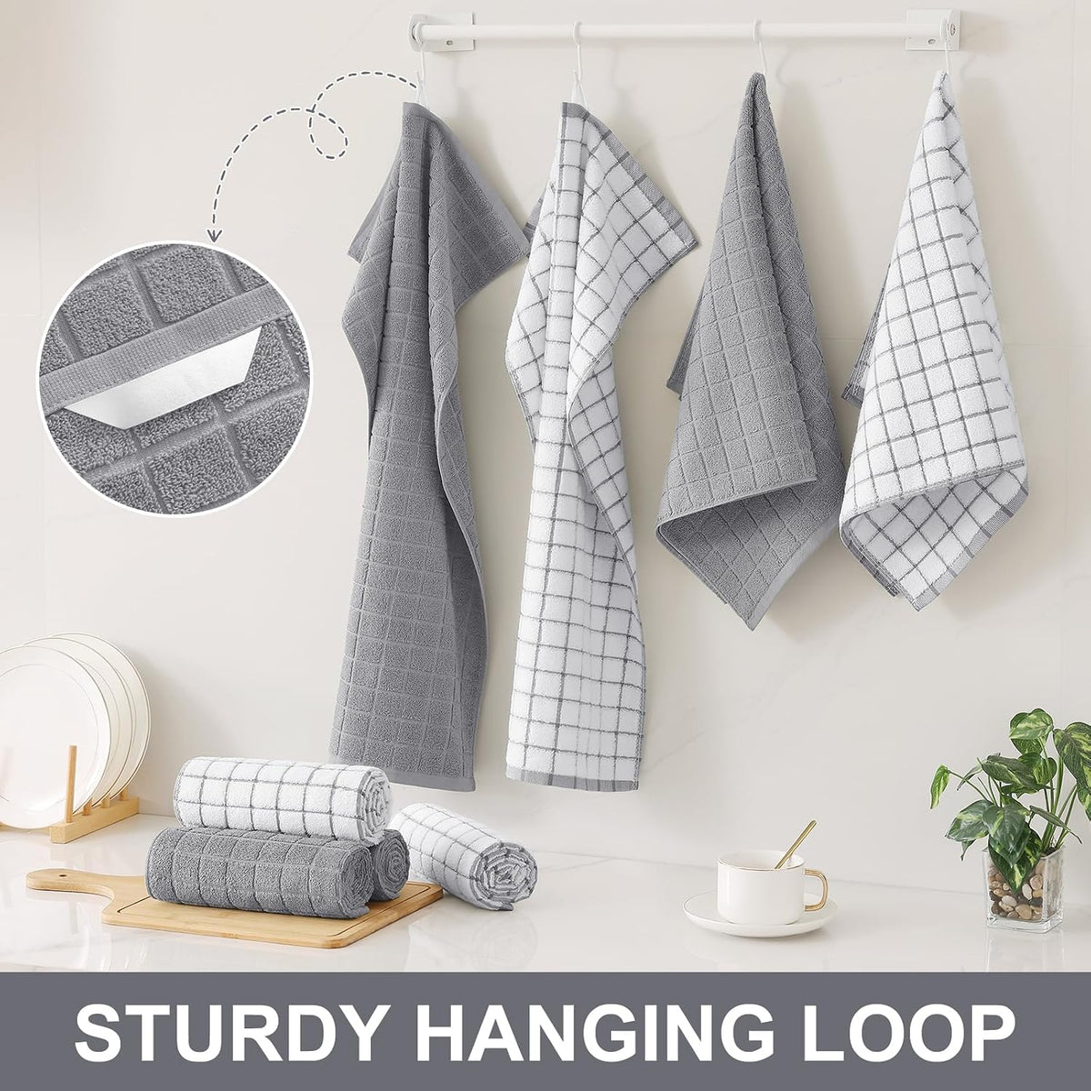 Homaxy Large Premium Cotton Kitchen Towels 16"x 28", 8 Pack, Light Grey | Natural Ring Spun 390 GSM Dish Towels, Super