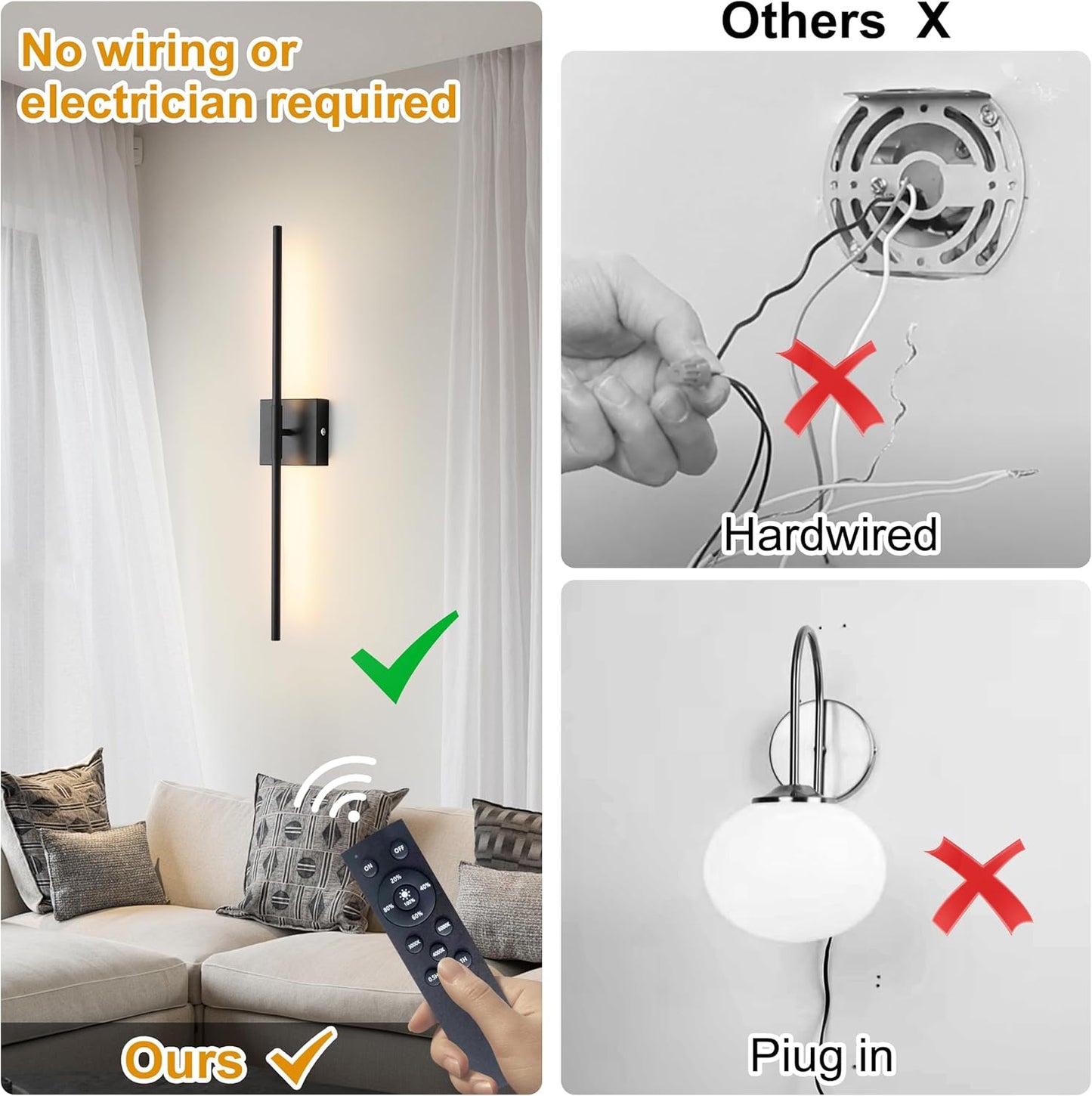 15800 mAh Battery Operated Wall Sconces with Remote Control Dimmable Wall Sconces Set of Two 3000K LED Matt Black