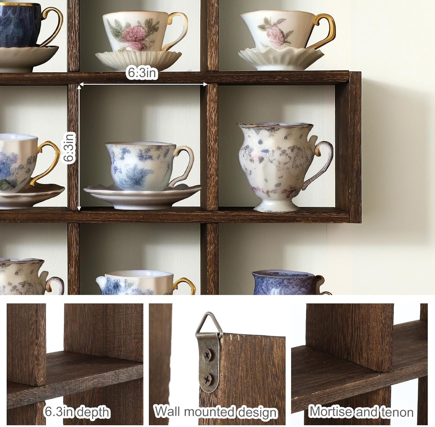 Suzile 5x5 Wall Shelf for Tea Cups Saucers, Rustic Wood Rack,Brown | Floating Curio Display with Coffee Mugs, Wall