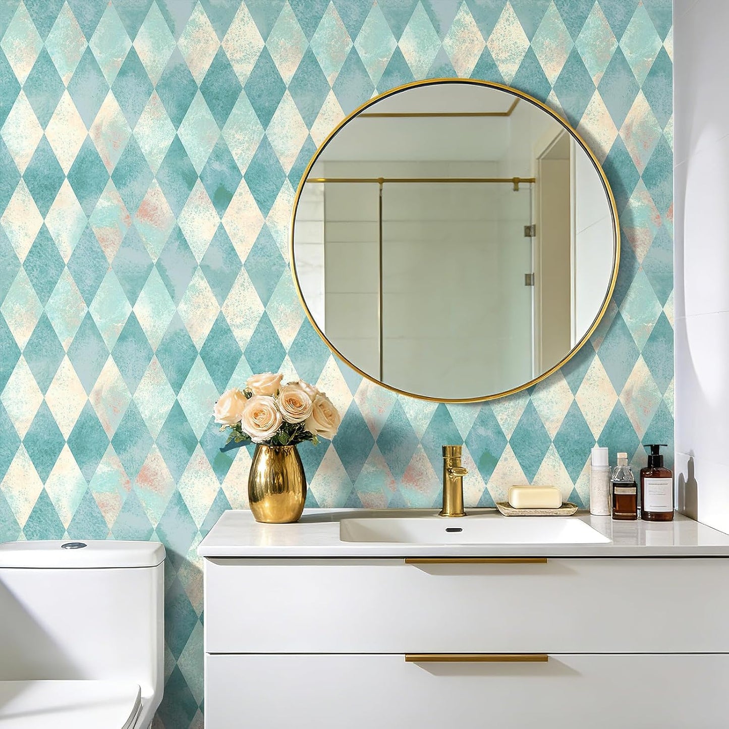 Diamond Checkered Wallpaper Peel and Stick Retro Geometric Boho / 17.5 x 80 / Diamond Checker / Blue