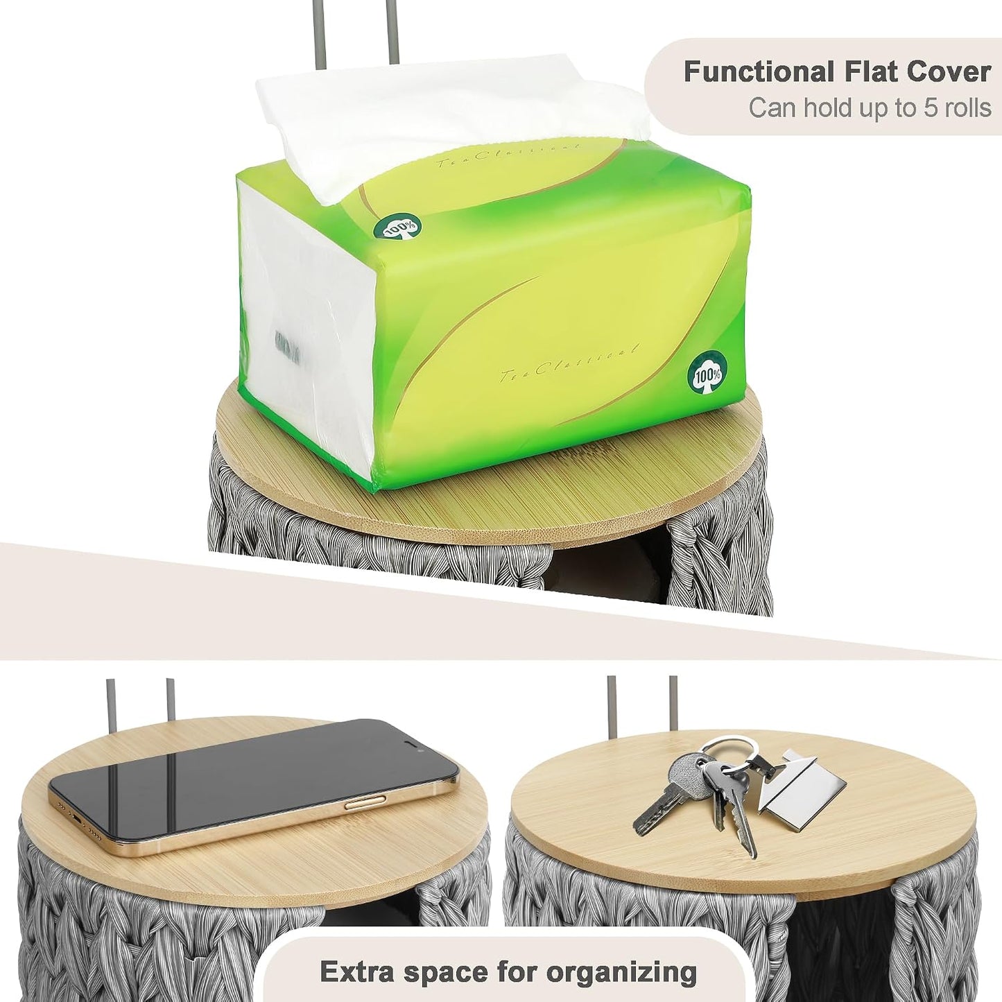 Toilet Paper Holder Stand with Lid Free Standing Storage for Bathroom Grey | Wciker, Water Hyacinth, 3 Rolls of Toilet