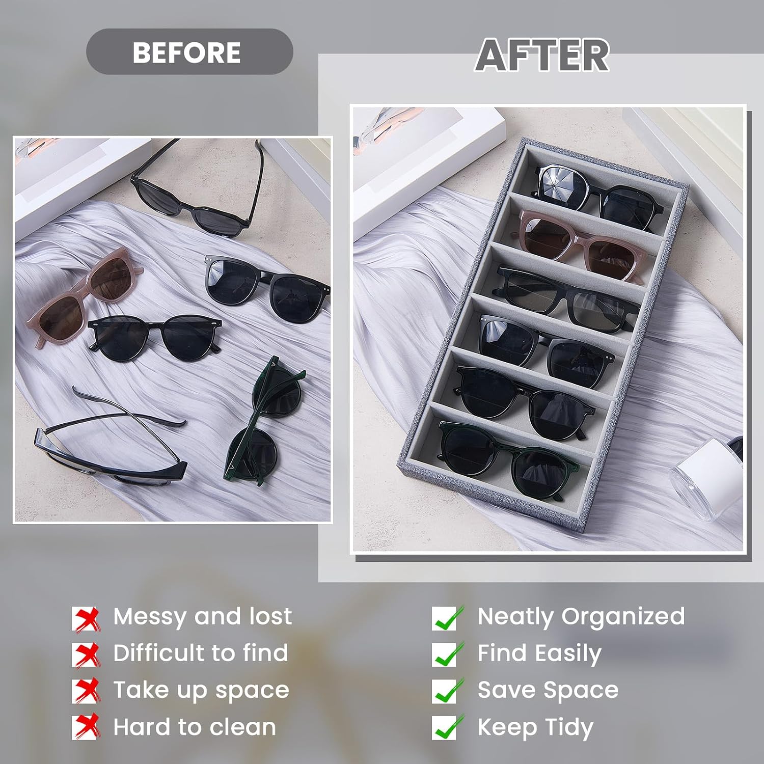 Velvet Sunglasses Organizer Tray 6 Grid Sunglass Organizer Velvet Tray Stackable / Gray / Set of 4