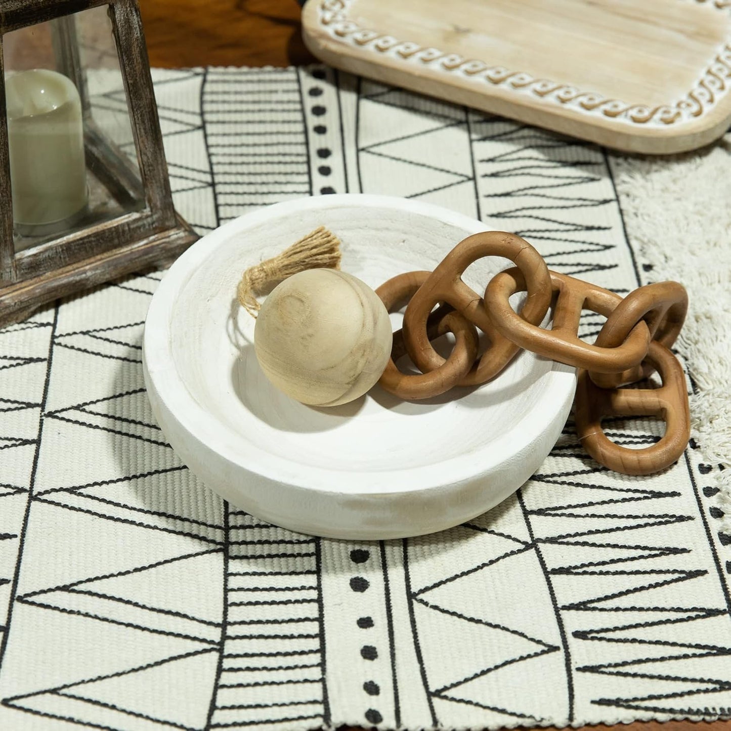 Paulownia Wood Hand Carved Tray / Washed White
