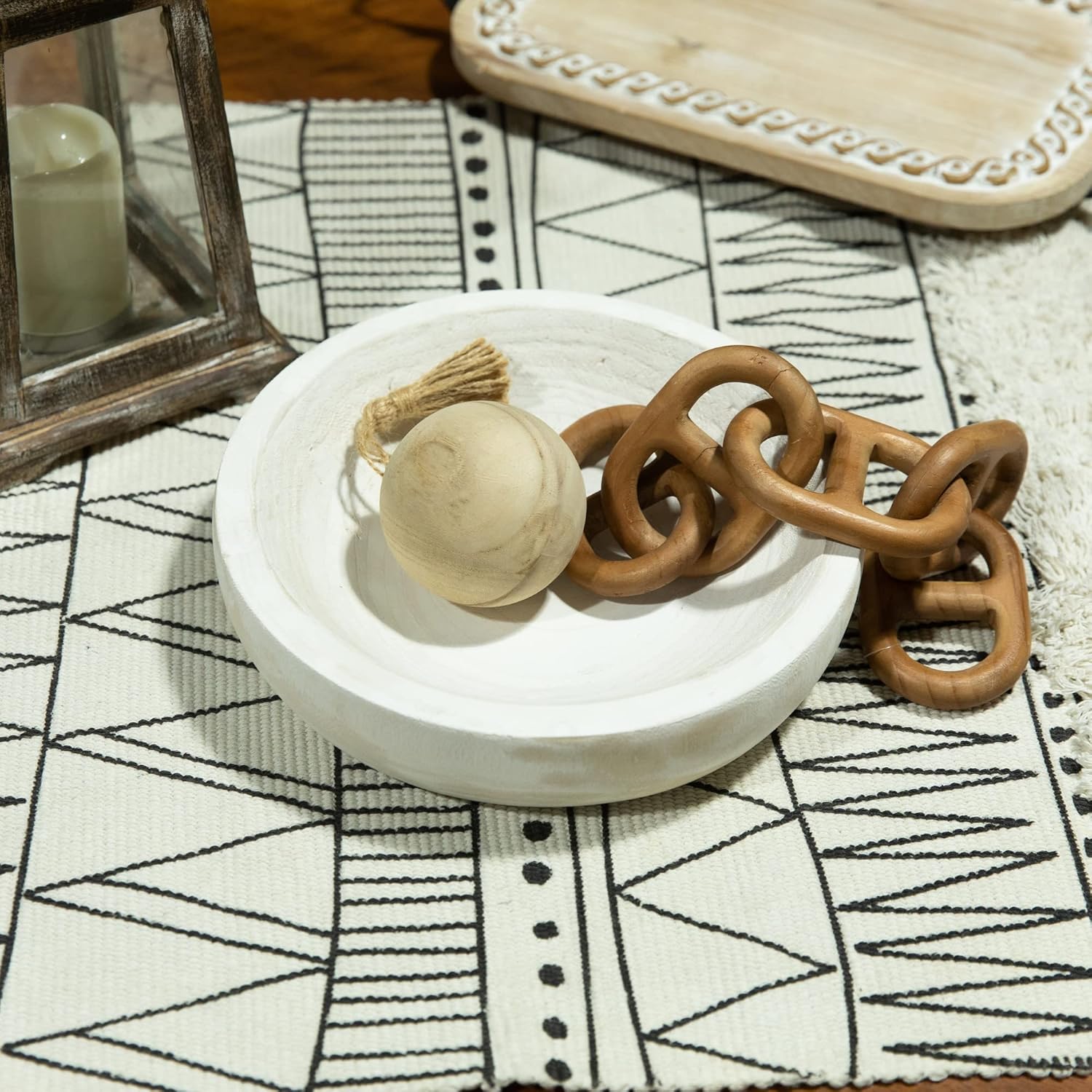 Paulownia Wood Hand Carved Tray / Washed White
