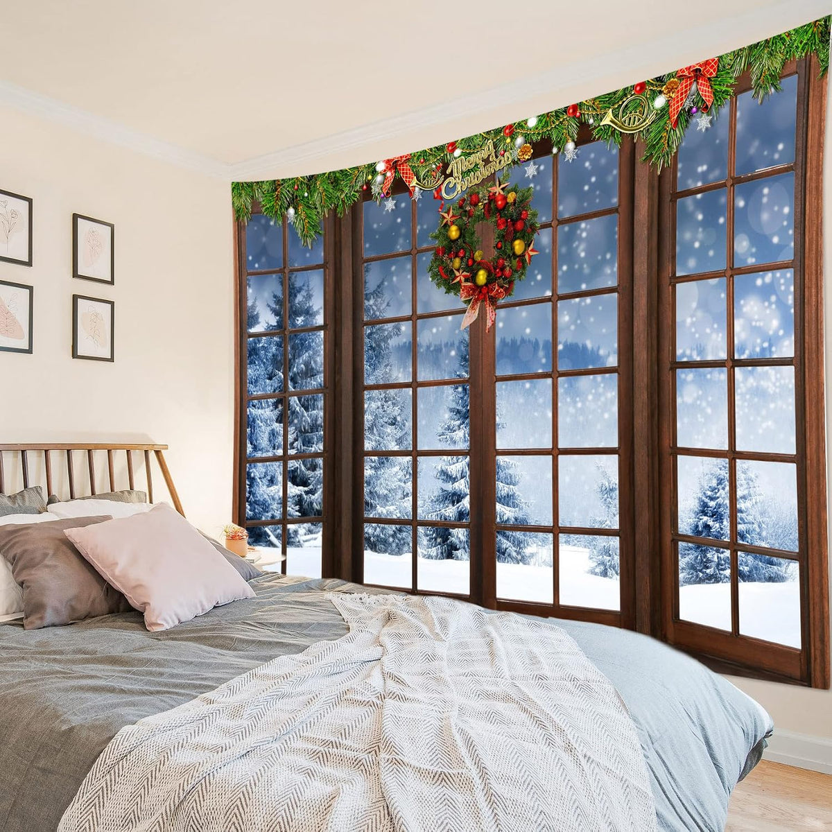 HVEST Christmas Tapestry Wall Hanging Winter Snow Pine Tree Forest outside Brown Window Tapestry for Bedroom, Xmas Nature Landscape Wall Art for Living Room Dorm Home Decor Backdrop, 80W x 60H inches