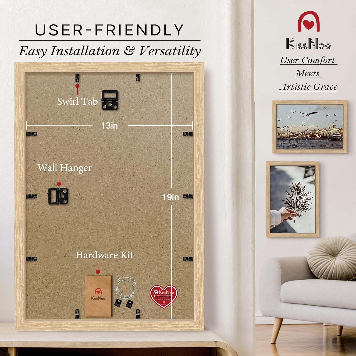13x19 Picture Frame, Oak Solid Wood, 2 Pack, Wall Hanging for Art | Thick & Wide Border, HD Plexiglass, Horizontal or