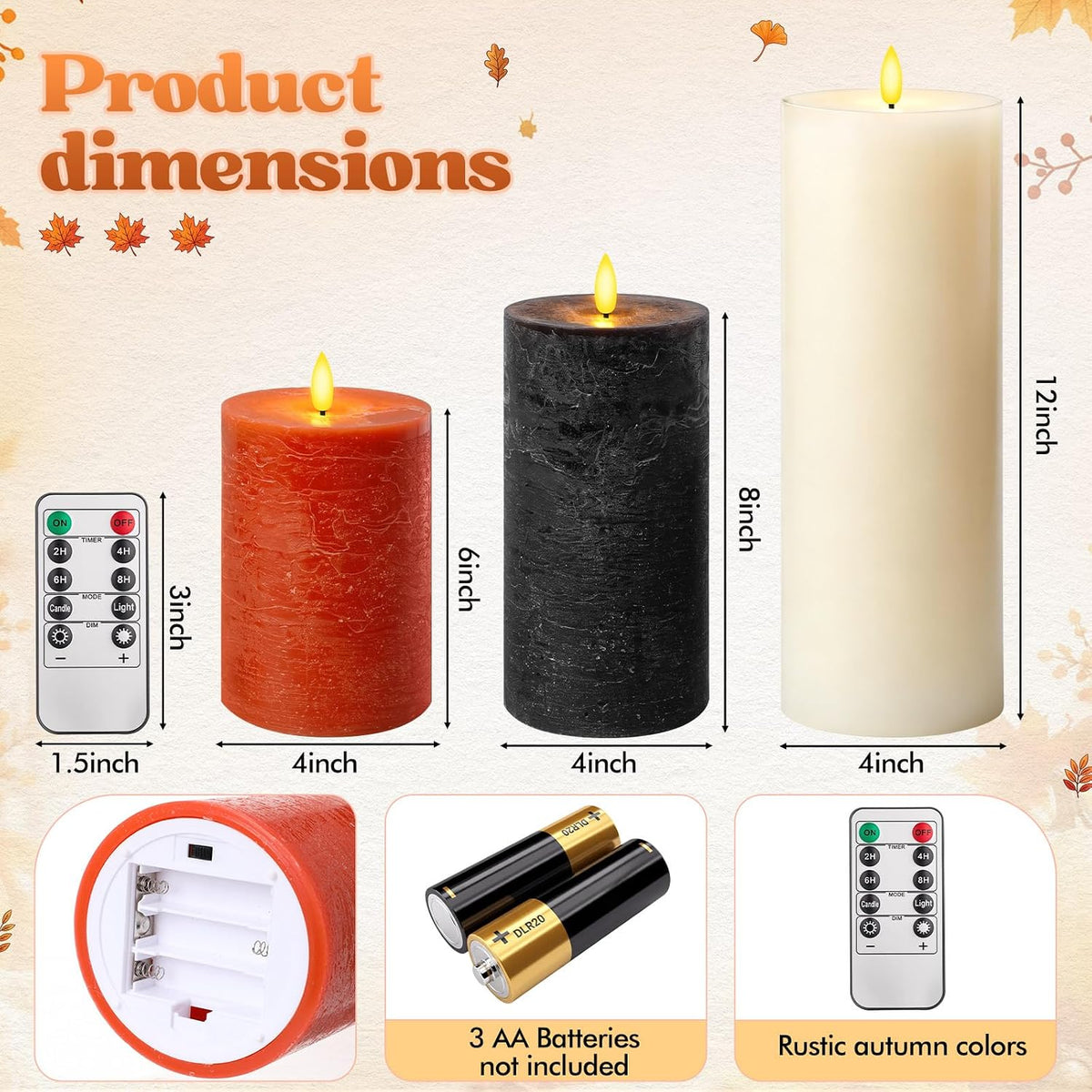 3 Pcs 6/8/12 Inches Fall Flameless LED Candles with Remote and 2/4/8h Timer Orange Black White Battery Operated Wax