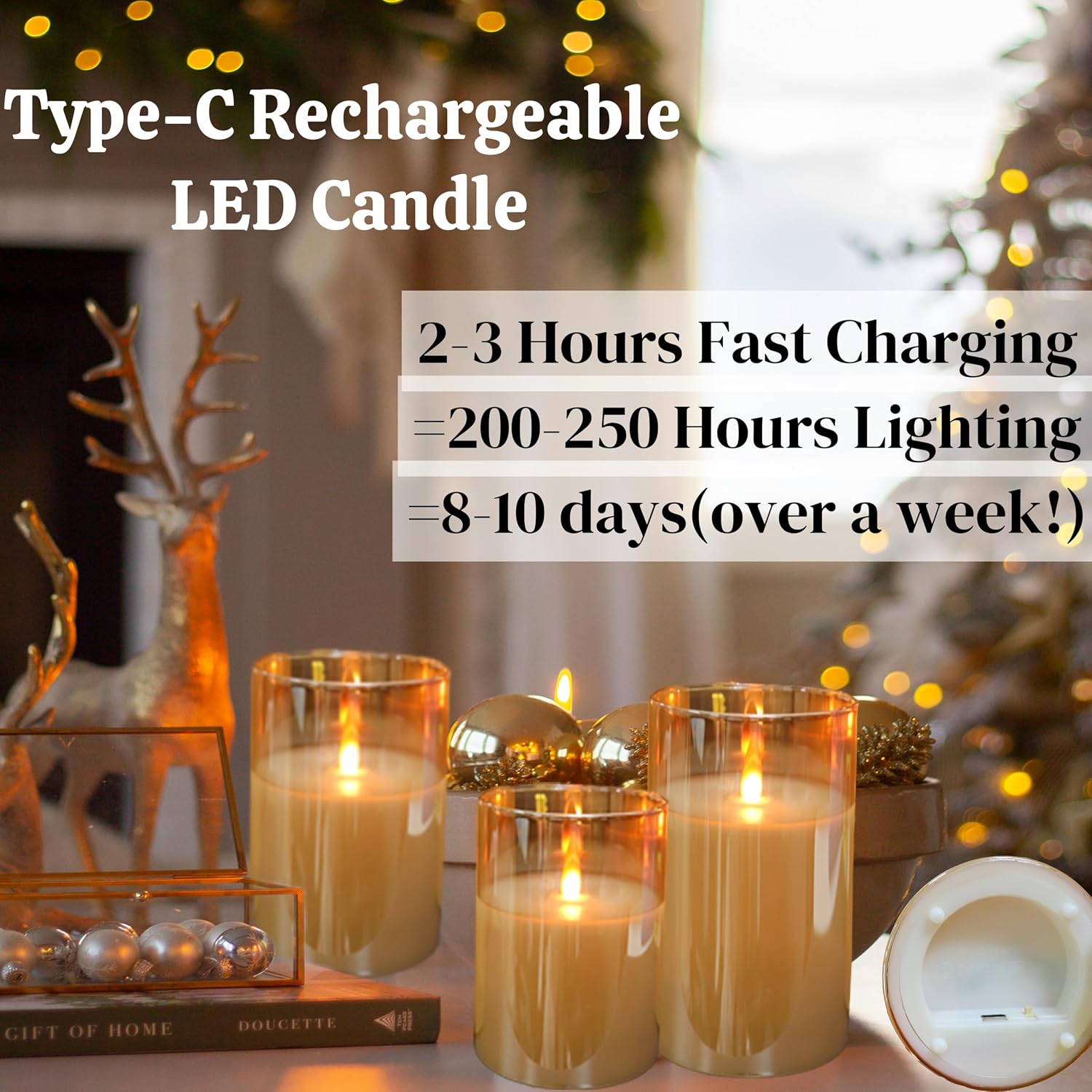200 Hours Glass Rechargeable Flickering Flameless Candles with Remote | Rechargeable LED Pillar Fake Candles, Real Wax