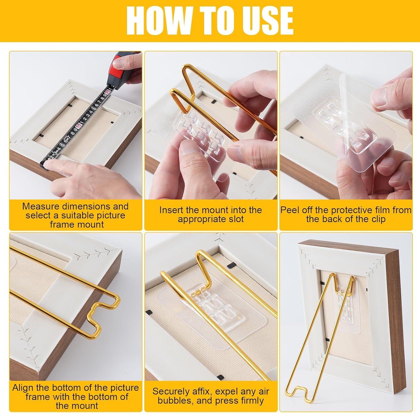 3 Levels of Stainless Steel Picture Frame Easel Backs Self-Adhesive / Gold / Medium Size / Set of 6