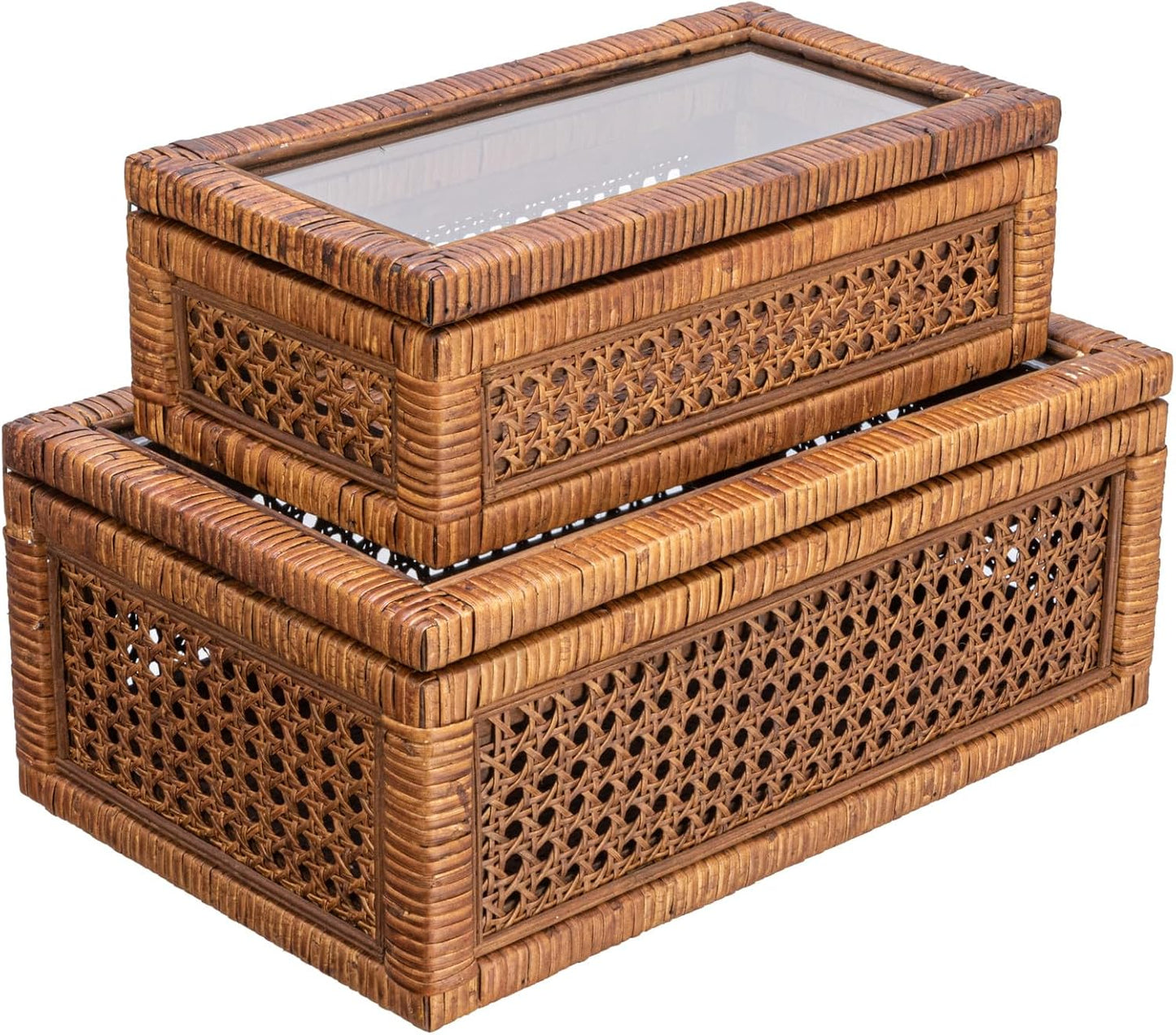 Modern Decorative Rectangle Woven Rattan and Wood Display / Dark Brown / Rectangular / Set of 2