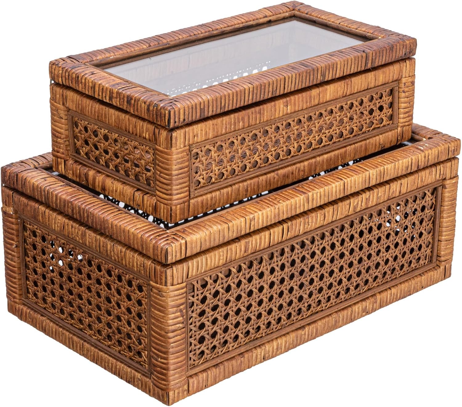 Modern Decorative Rectangle Woven Rattan and Wood Display / Dark Brown / Rectangular / Set of 2