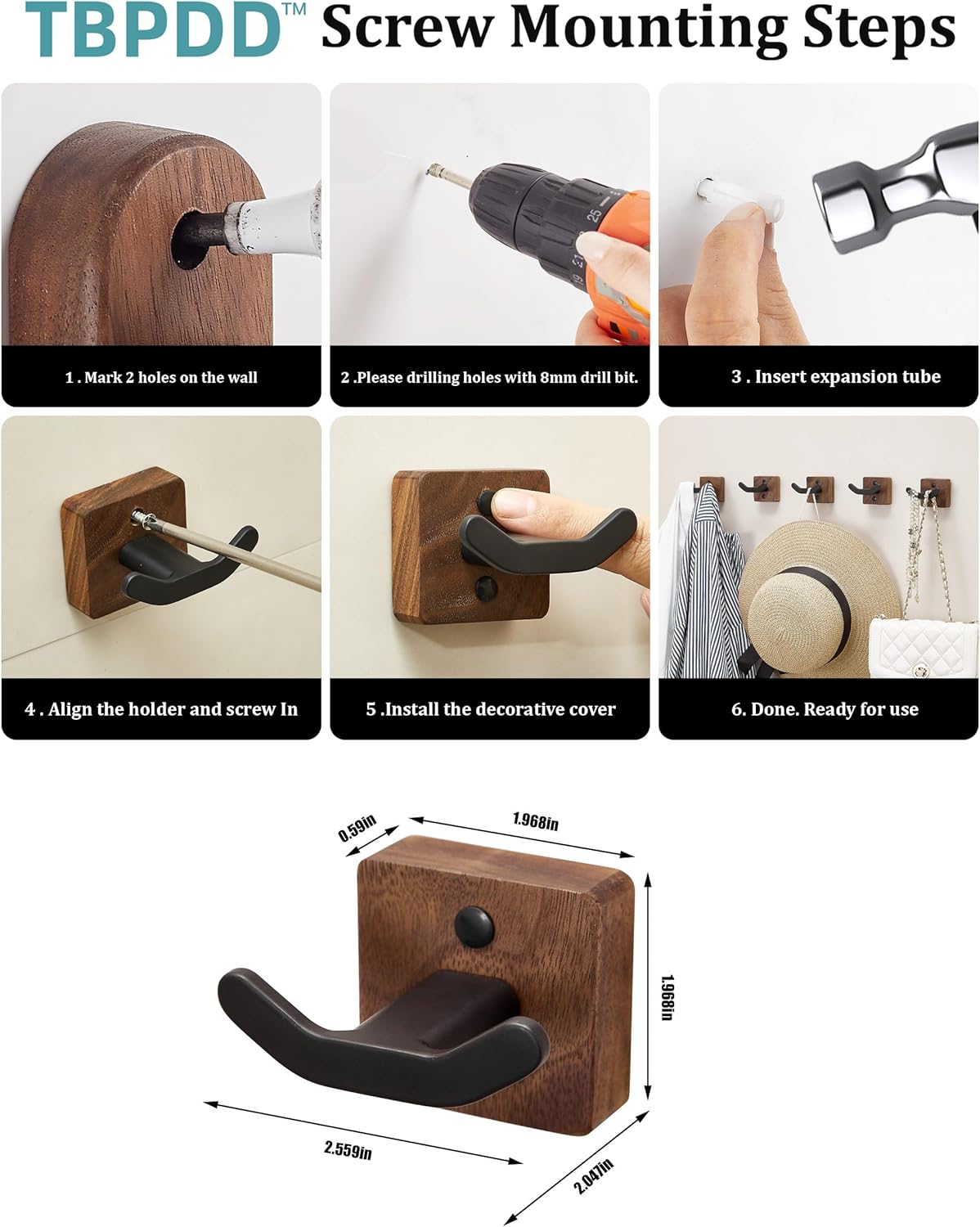 Modern Coat Hooks Wood Black Metal Decorative Backpack Hanger Wall / Black Walnut / Set of 3