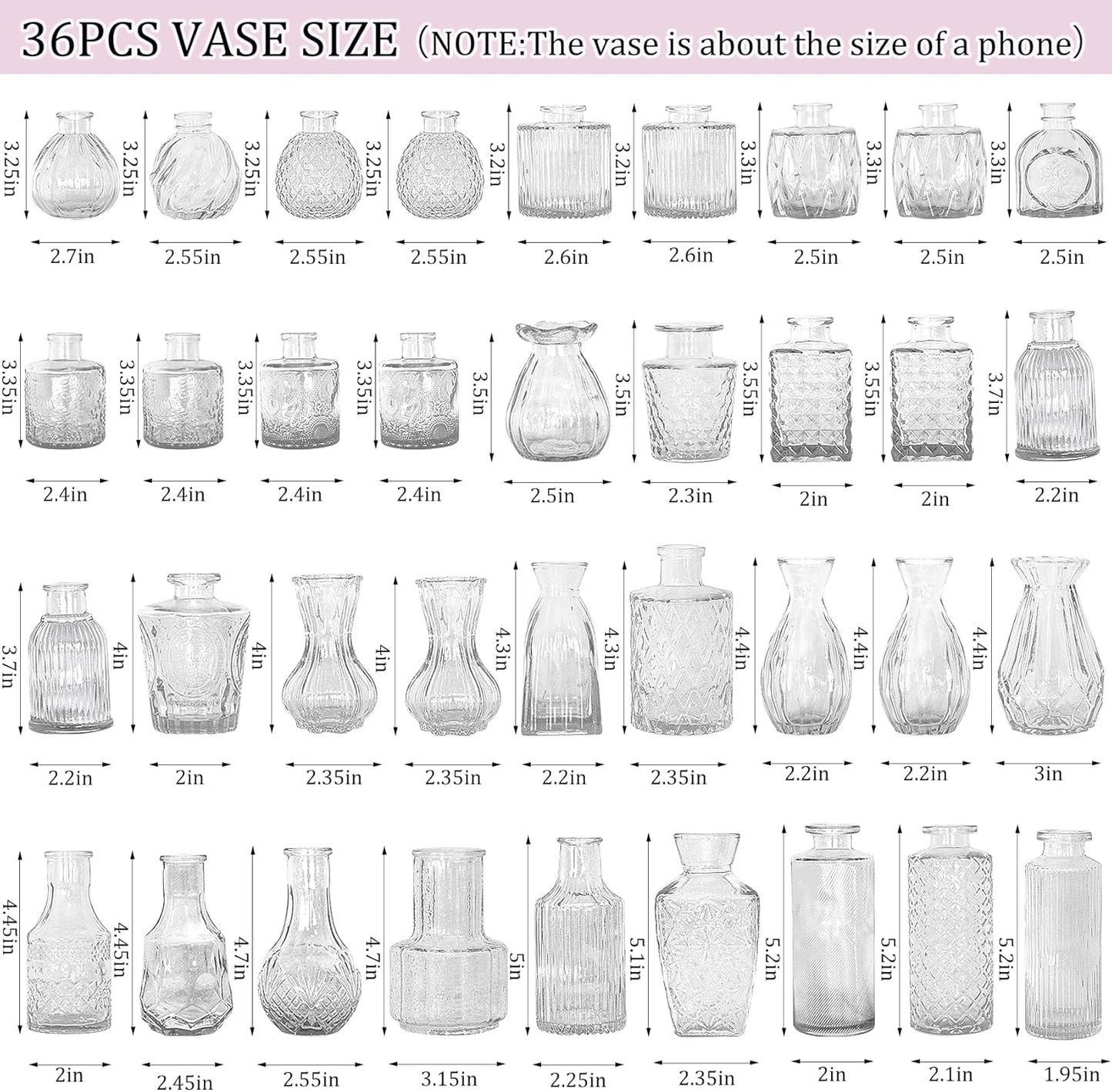Bud Vases Set Small Vintage Glass Bottles Bud Vases in Bulk Multiple Shape Glass / Clear / Set of 36