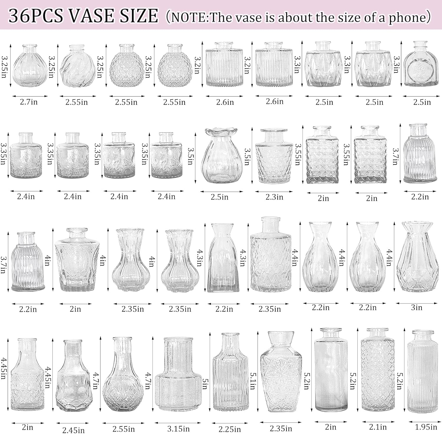 Bud Vases Set Small Vintage Glass Bottles Bud Vases in Bulk Multiple Shape Glass / Clear / Set of 36