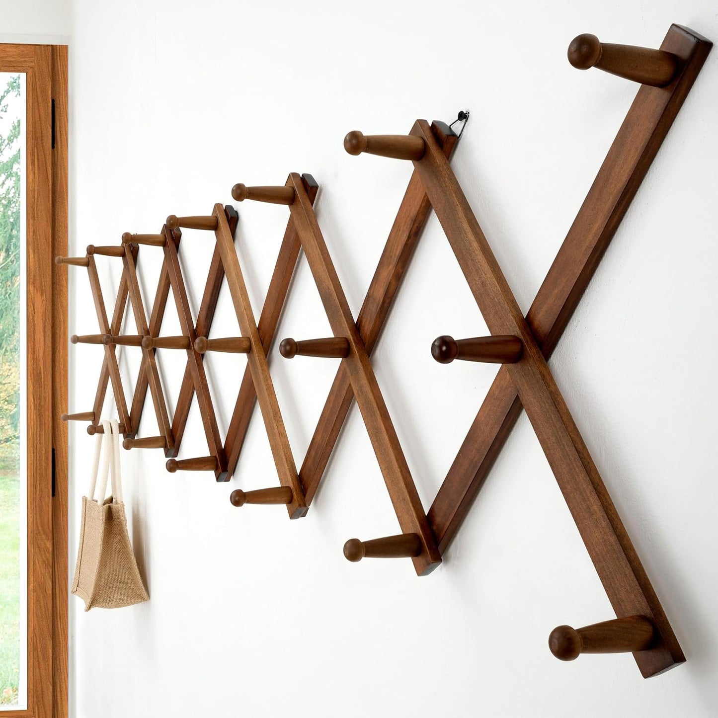 Accordian Wall Hanger: 16” High Wooden Wall Expandable Coat Rack, Hat Rack Holder, Accordion Hook for Baseball Caps