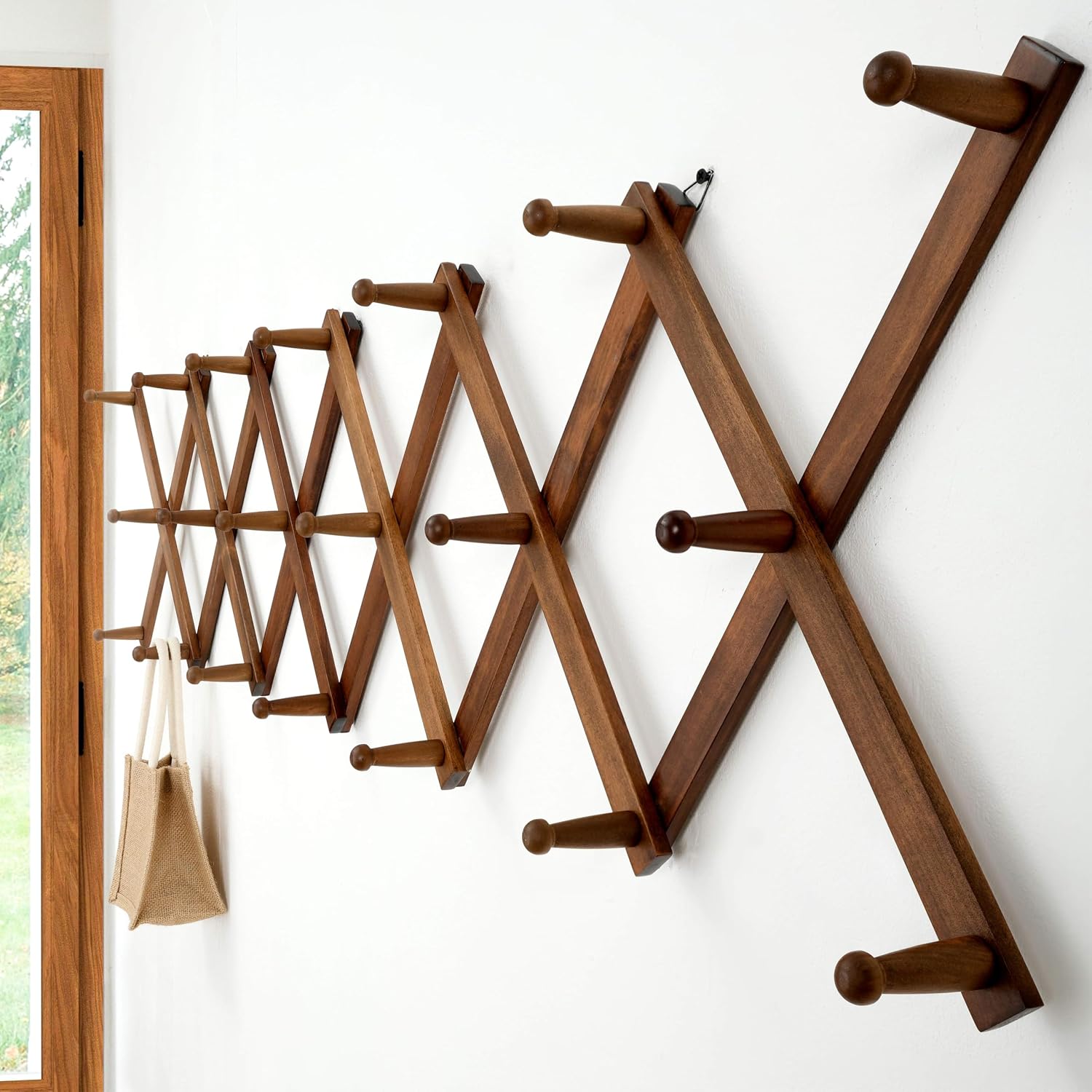 Accordian Wall Hanger: 16” High Wooden Wall Expandable Coat Rack, Hat Rack Holder, Accordion Hook for Baseball Caps