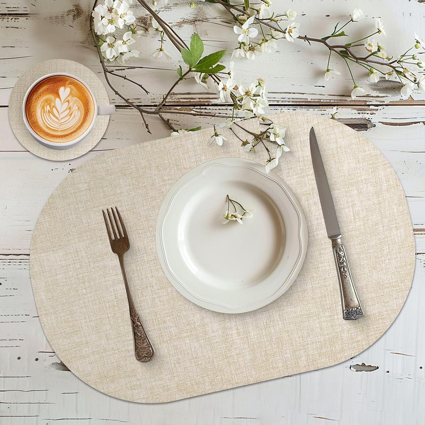 Faux Leather Placemats Set of 6 with Matching Coasters, Heat Resistant PU Oval Placemats, Waterproof Wipeable Washable