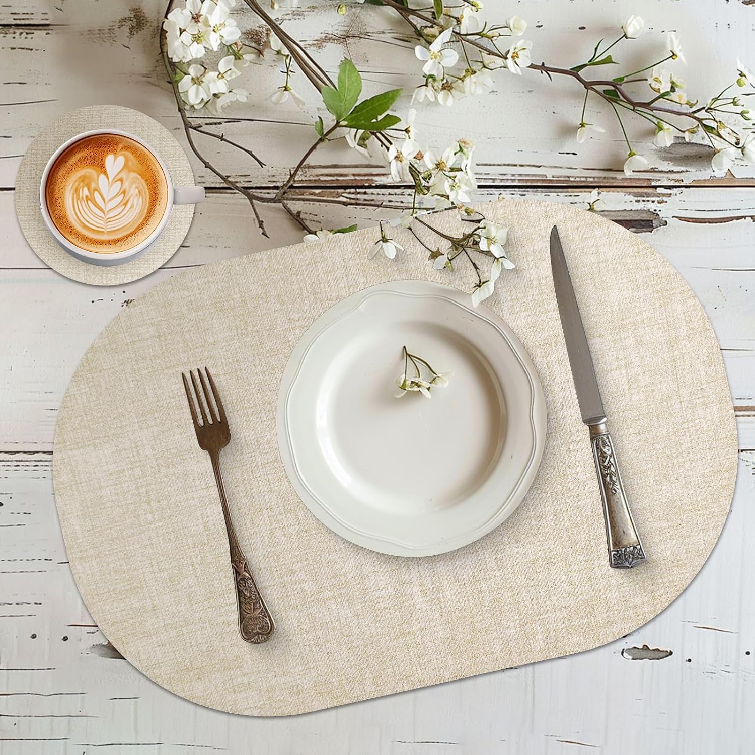 Faux Leather Placemats Set of 6 with Matching Coasters, Heat Resistant PU Oval Placemats, Waterproof Wipeable Washable