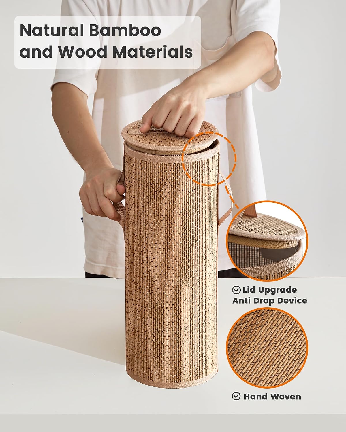Bamboo Toilet Paper Storage Basket with Lid & Handle - 10L Handwoven Bathroom Organizer for 4 Rolls - Sturdy Stand