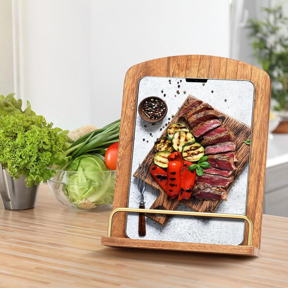 Cookbook Stand for Kitchen Counter Decor - Adjustable Cookbook Holder | 9"L×11"H Wooden Cook Book Stand, Recipe Book