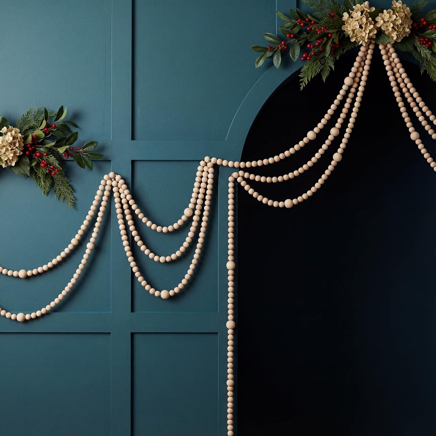 8 Pack 9 ft Rustic Christmas Wood Bead Garland for Xmas Tree Mantel Fireplace Stairs Coffee Table Decor Farmhouse