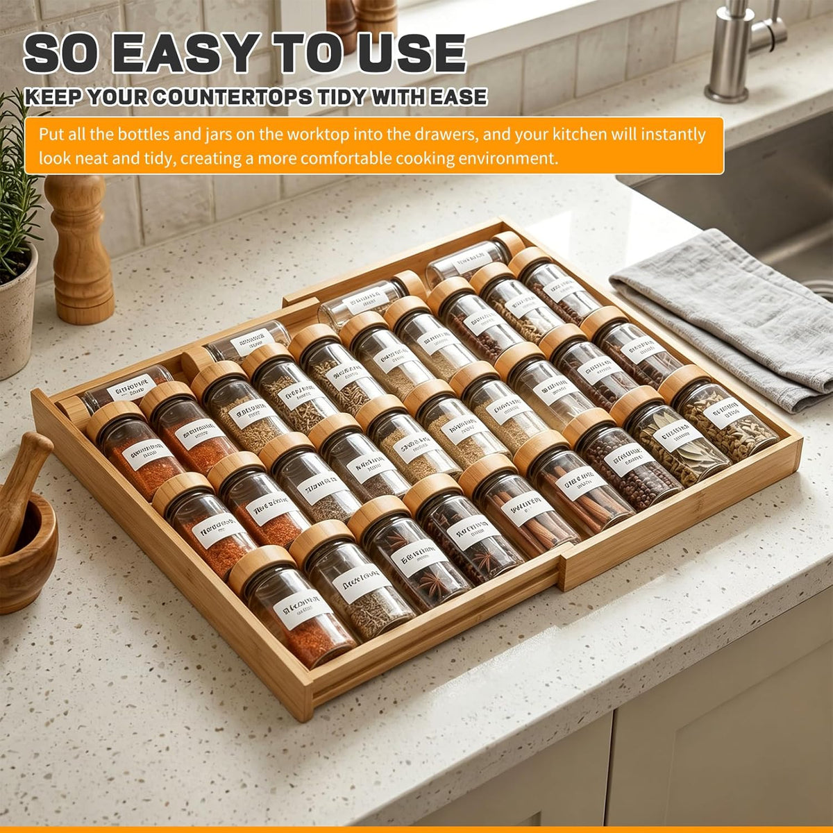 Bamboo Spice Drawer Organizer Expandable(Fits 2.6" Deep or Deeper Drawers), 4-Tier Spice Rack Drawer Insert for Kitchen