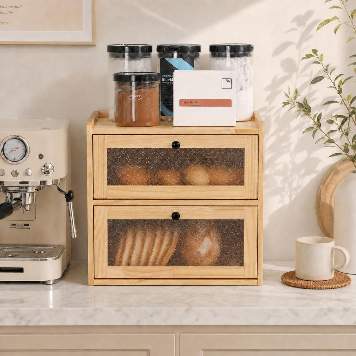 Sunhoo Bread Box for Kitchen Countertop, Large Pine Wood Breadbox, Natural | Farmhouse Pantry Container, Double Layer