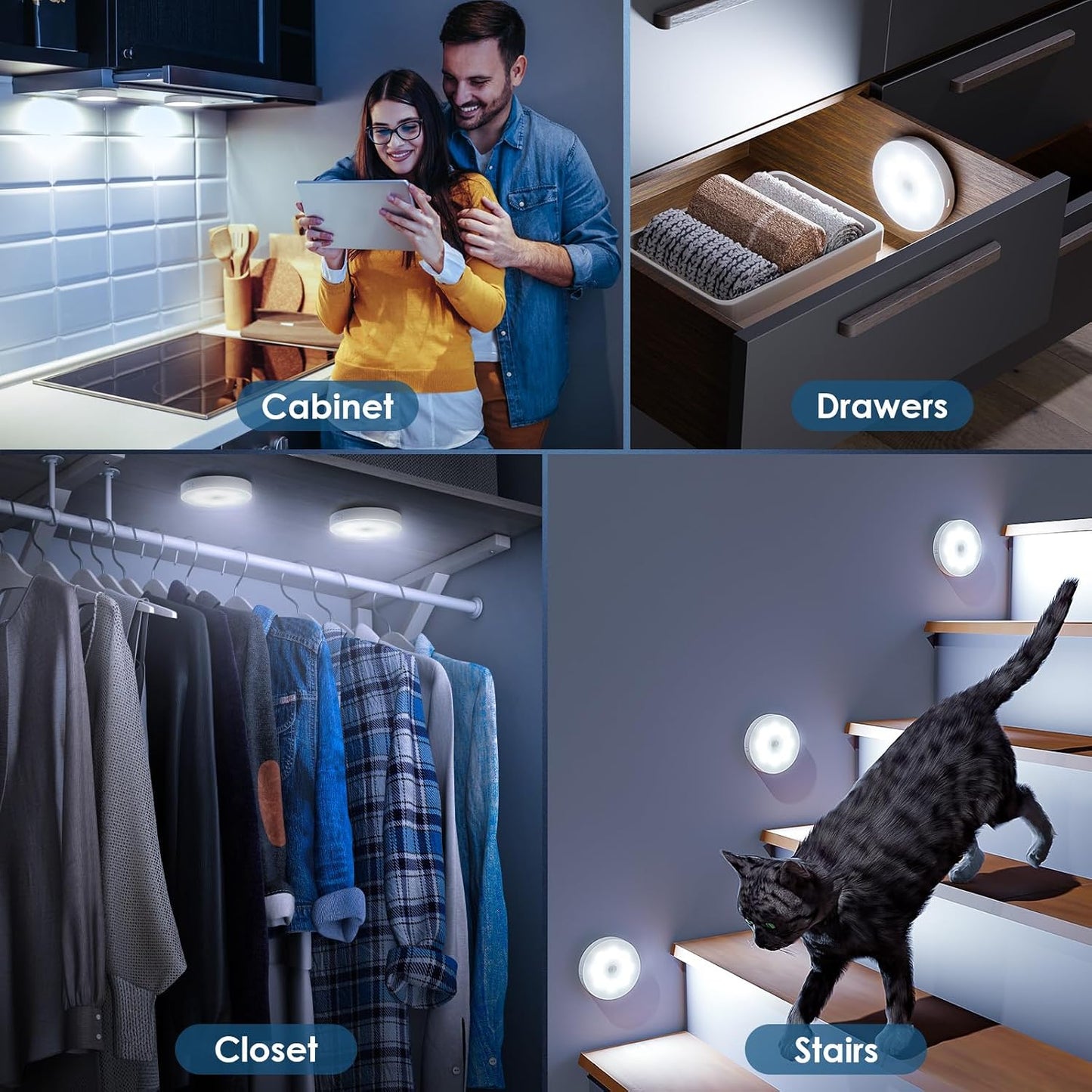 Motion Sensor Puck Light with Remote, Cool White, 12-Pack | Wireless Dimmable, Under Cabinet Lights, Rechargeable