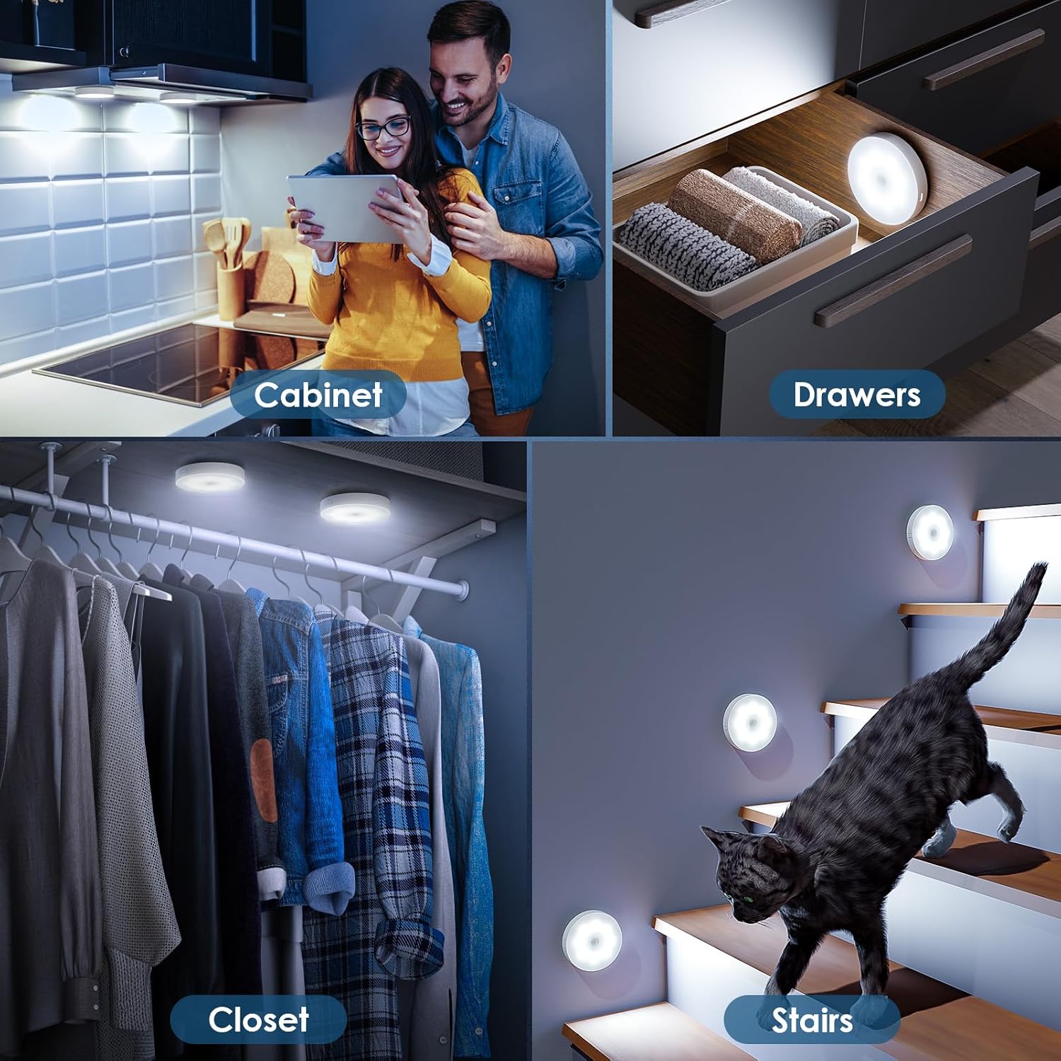 Motion Sensor Puck Light with Remote, Cool White, 12-Pack | Wireless Dimmable, Under Cabinet Lights, Rechargeable