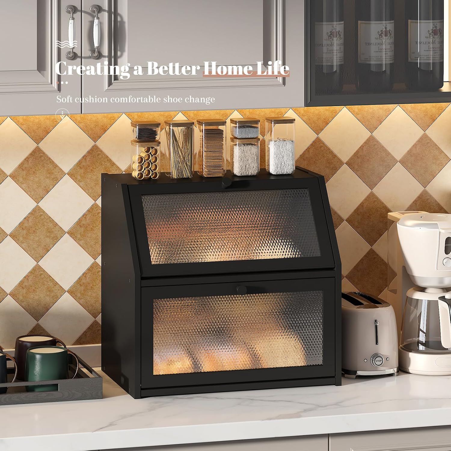 STDDRE Bread Box for Kitchen Countertop Bin Double Layer Bread Box Storage Container Extra Large Capacity with Diamond