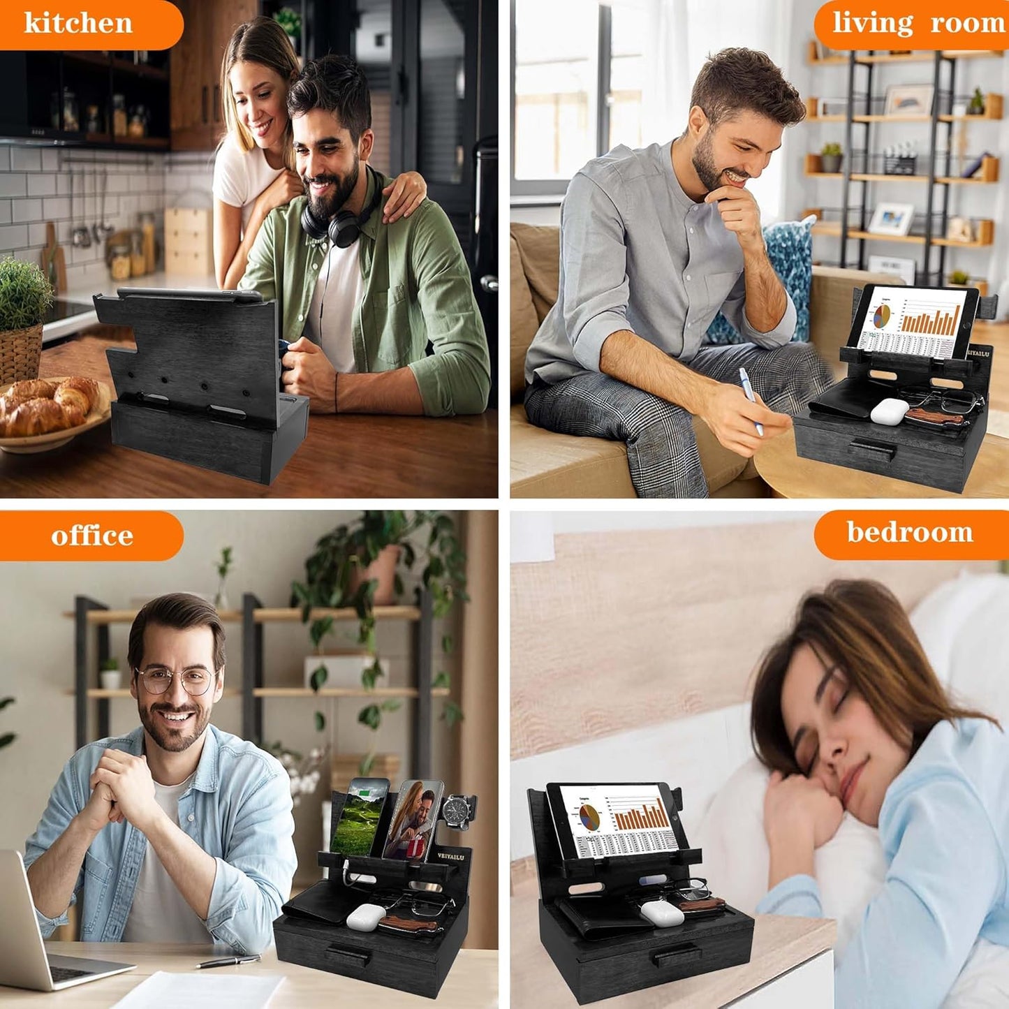 Gifts for Him Husband Boyfriend Son Men Nightstand Organizer Wood Phone Docking Station / Black