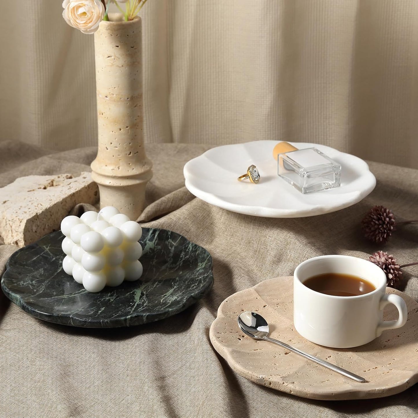 8" Round Scalloped Marble Vanity Tray for Jewelry Trinket / Namib Bianco / Natural / Set of 8