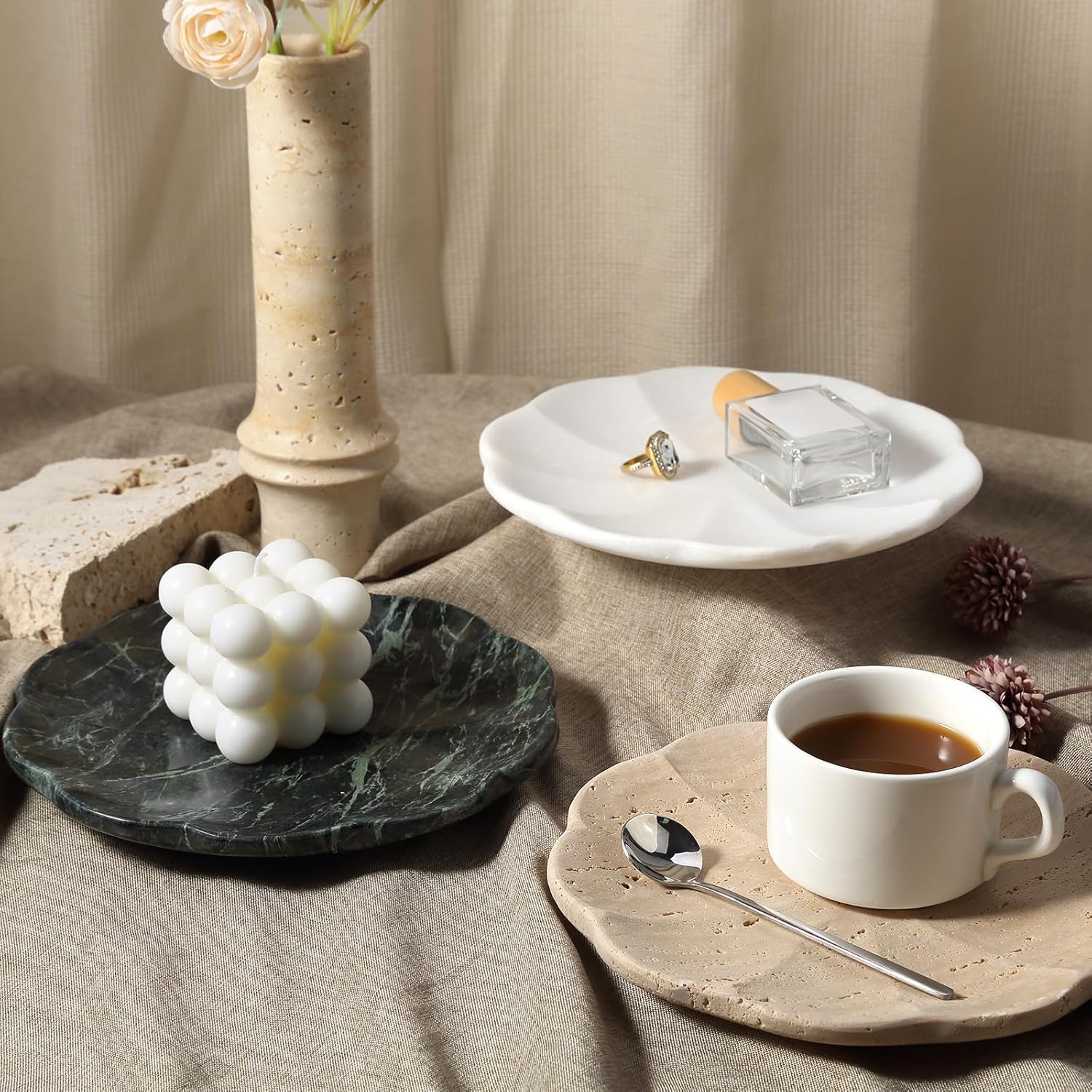 8" Round Scalloped Marble Vanity Tray for Jewelry Trinket / Namib Bianco / Natural / Set of 8