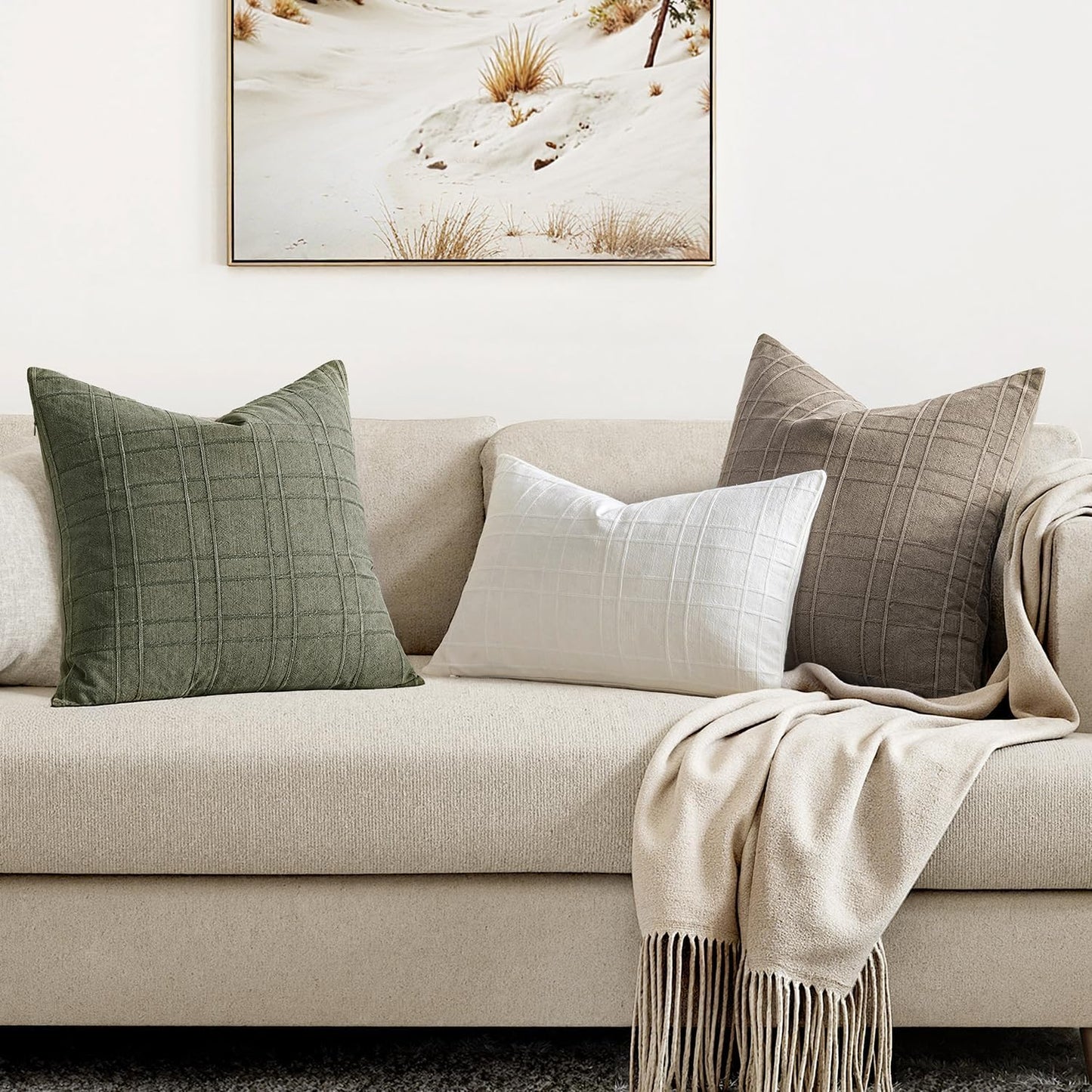 Decorative Linen Check Throw Pillow Covers Neutral Farmhouse / 18 x 18 / Olive Green / Set of 2